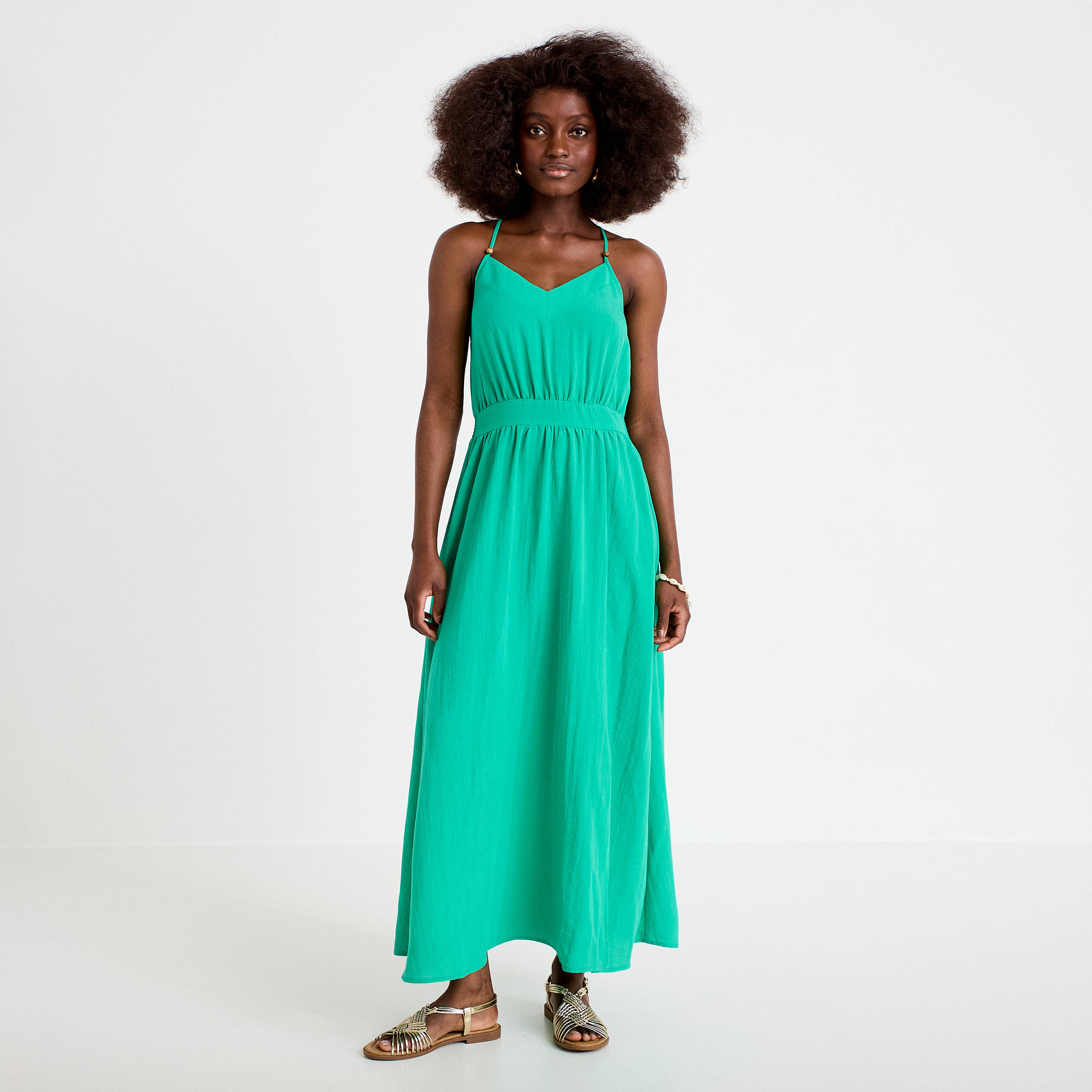 Robe &eacute;vas&eacute;e 3/4 col v bretelles vert femme
