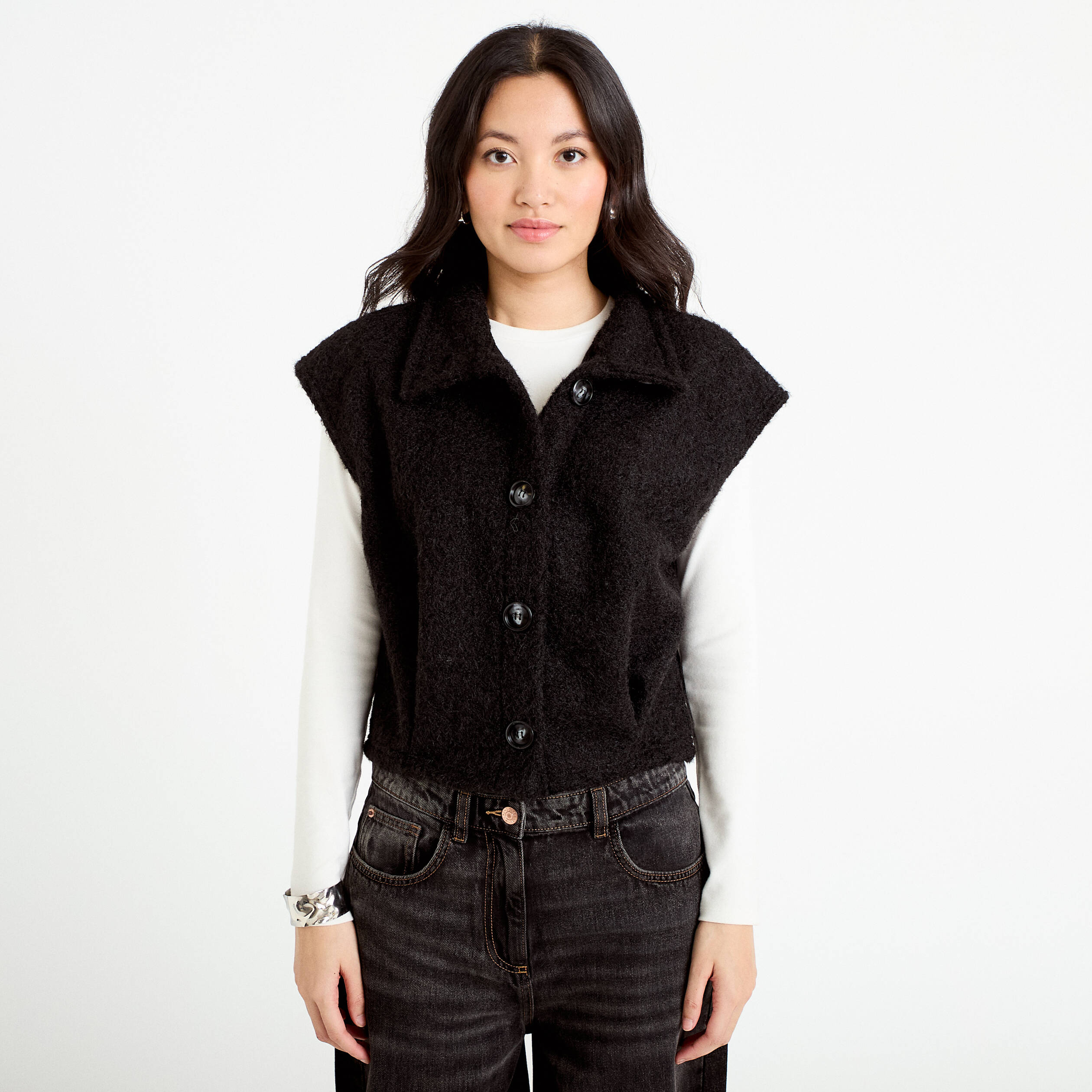 Veste bouclette sans manches col montant noir femme