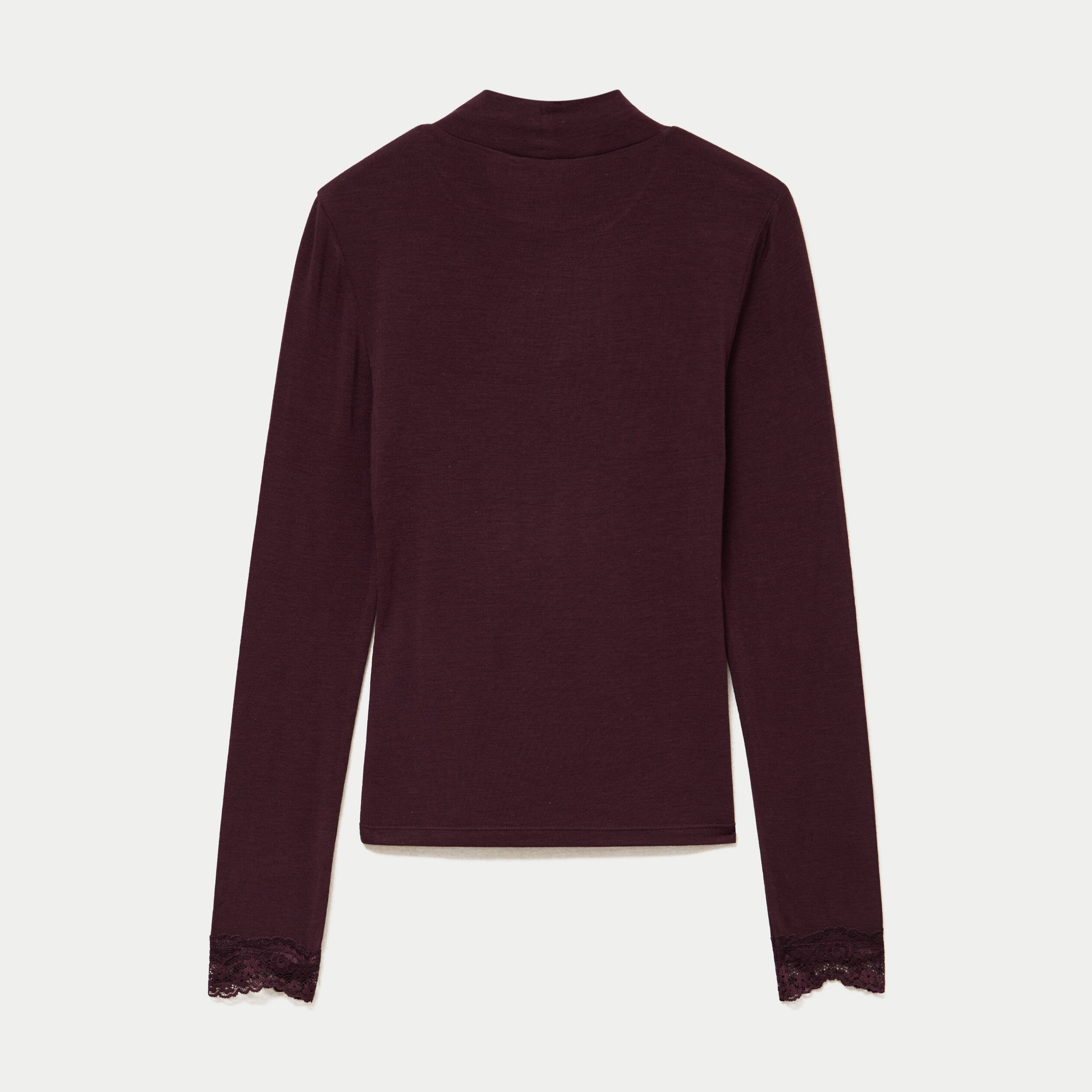 T-shirt ajust&eacute; col roul&eacute; dentelle prune femme