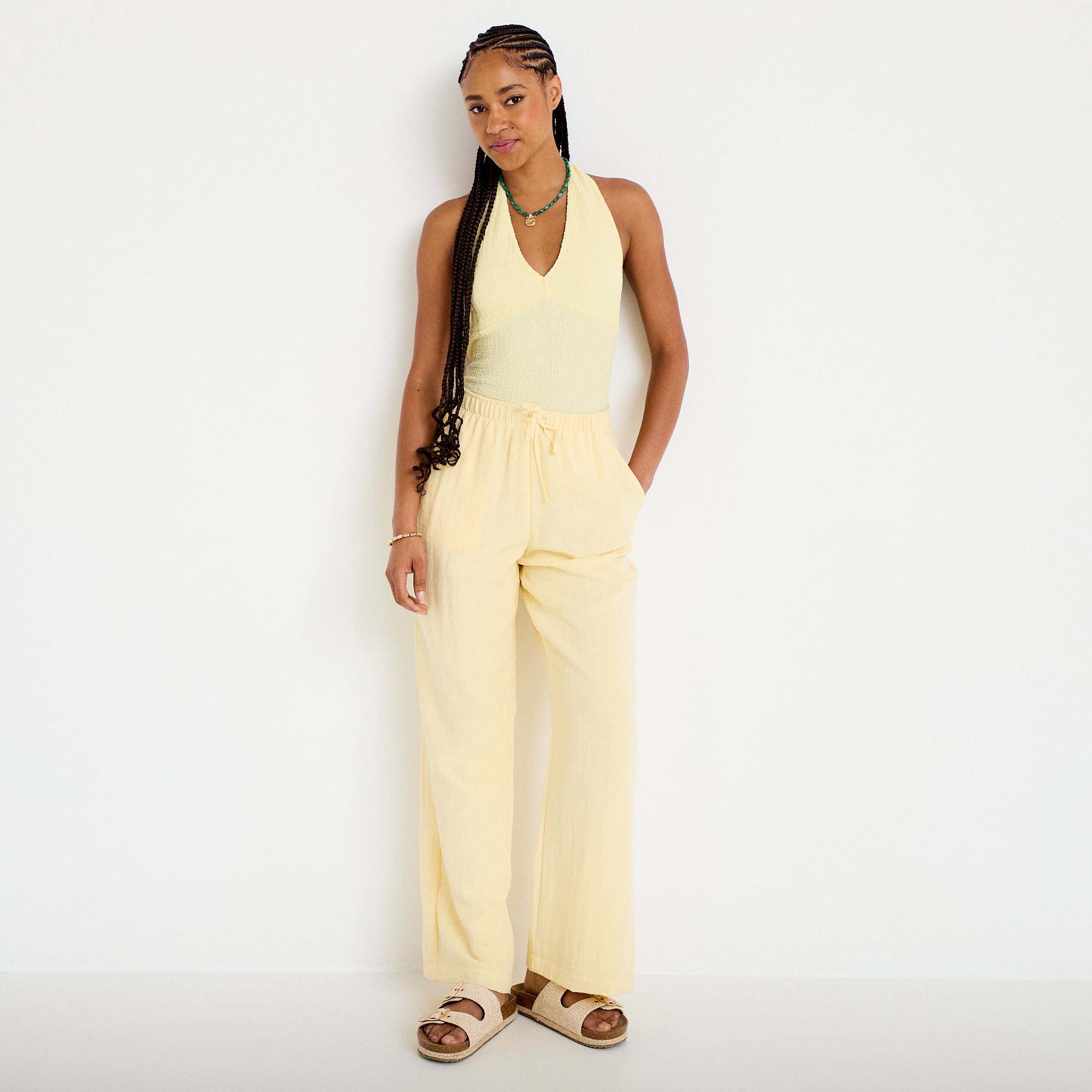 Pantalon large fluide taille &eacute;lastiqu&eacute;e jaune pastel femme