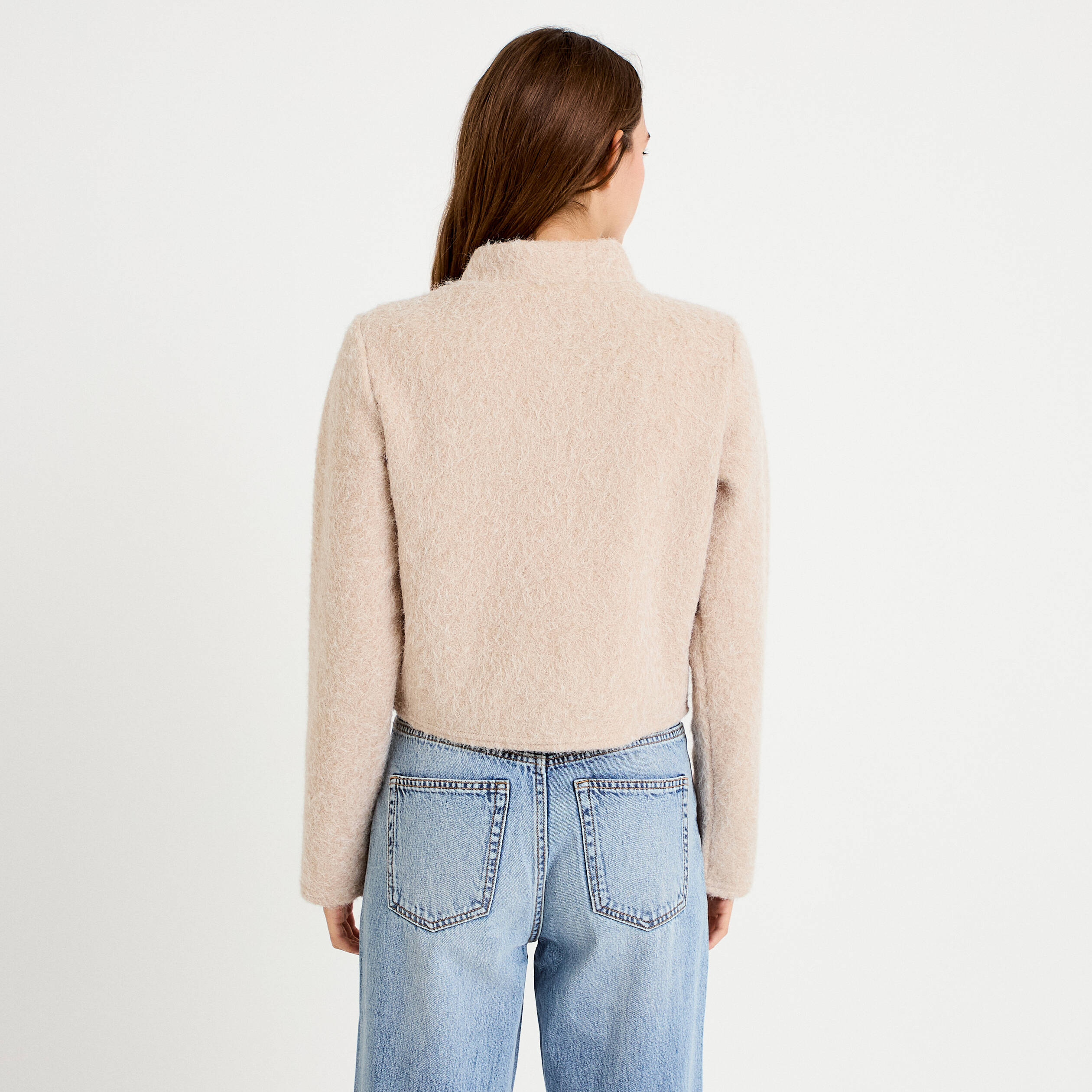 Veste droite cropped effet polaire ivoire femme