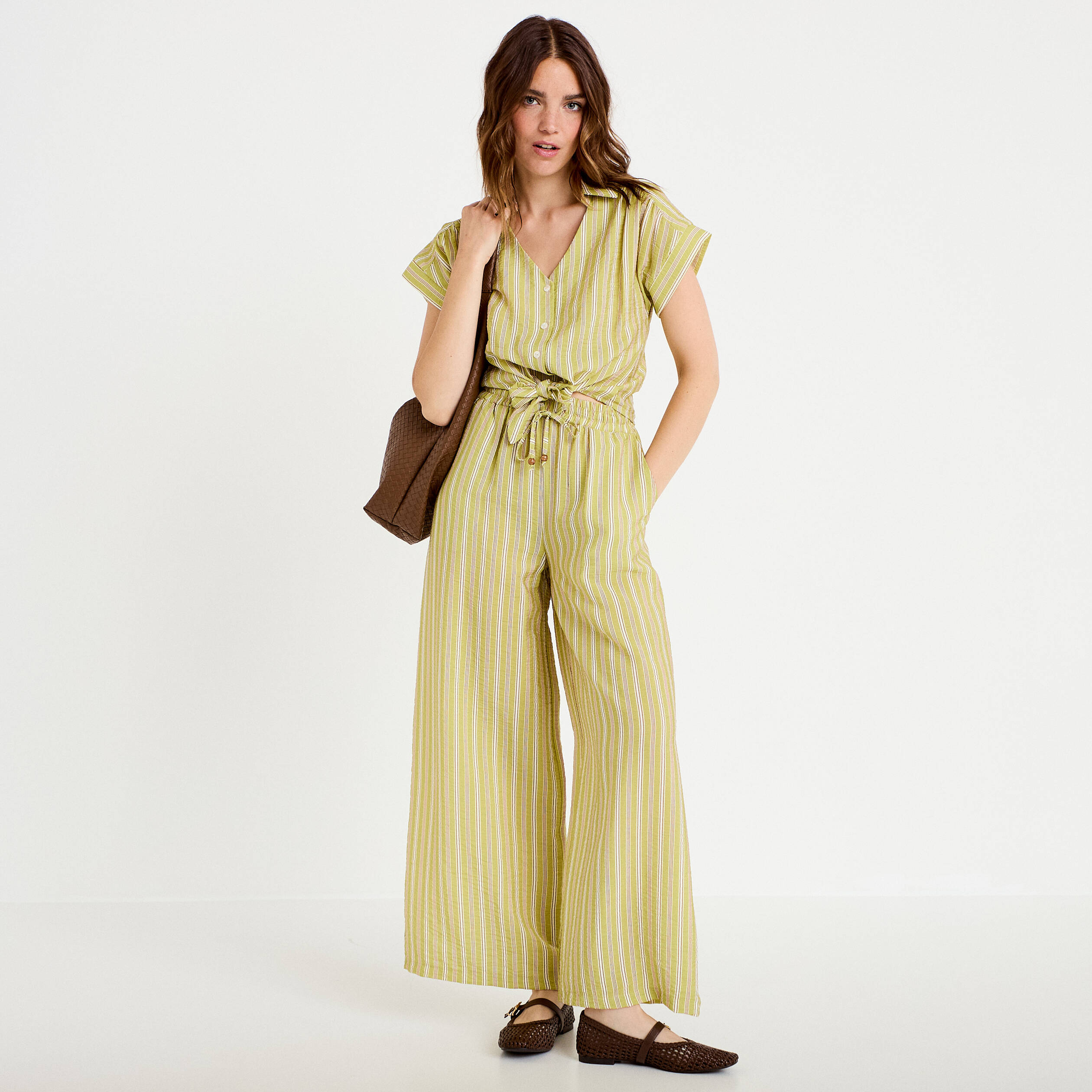 Pantalon large taille haute fluide vert kaki femme