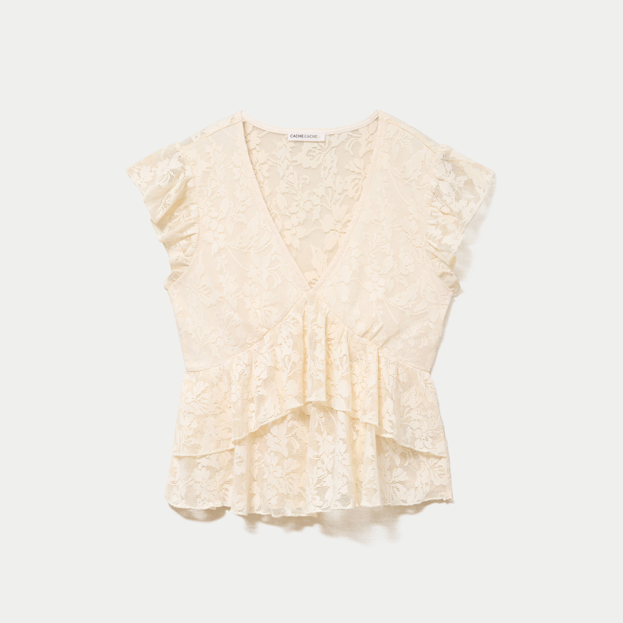 Blouse manches courtes aspect dentelle ecru femme