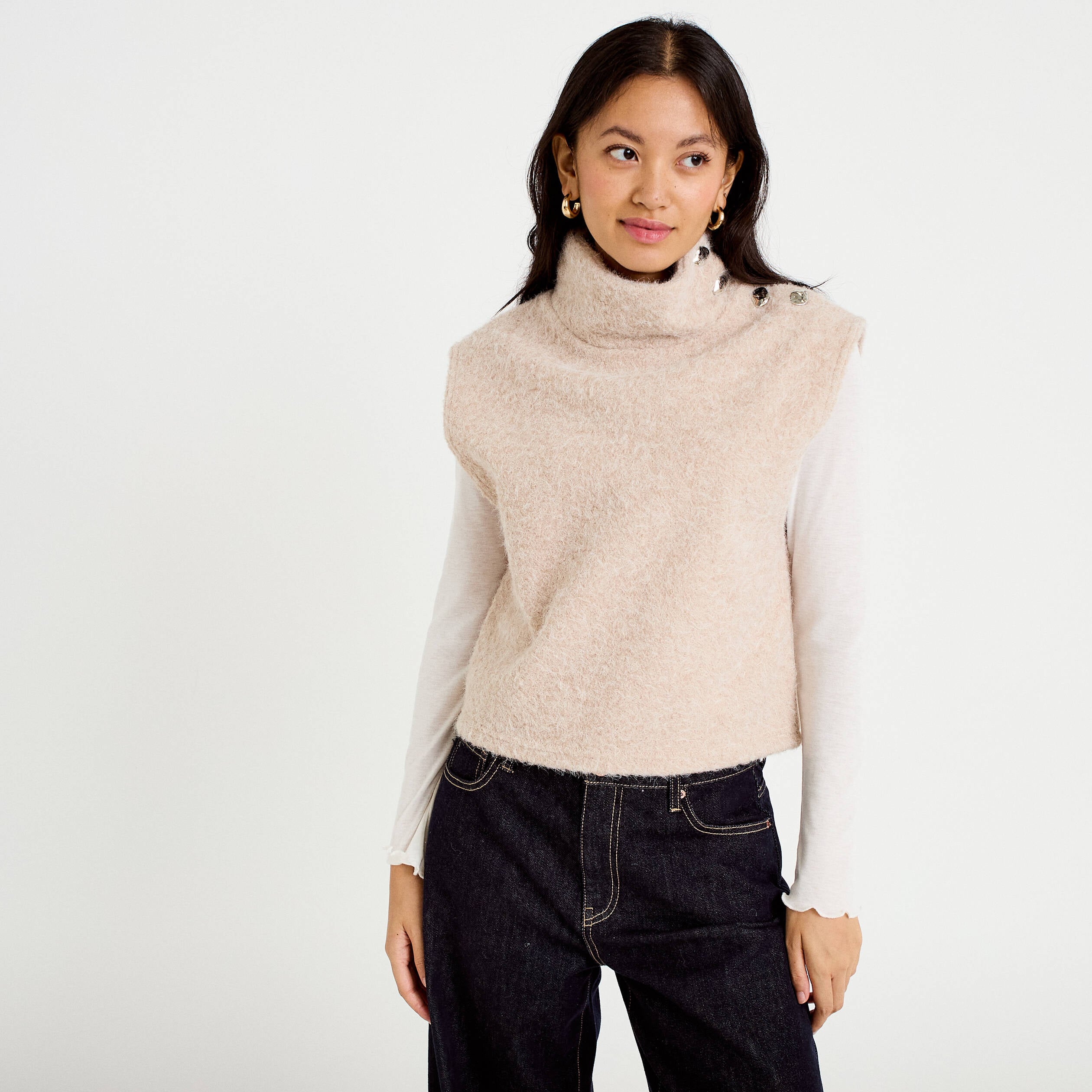Pull droit sans manches col montant sable femme