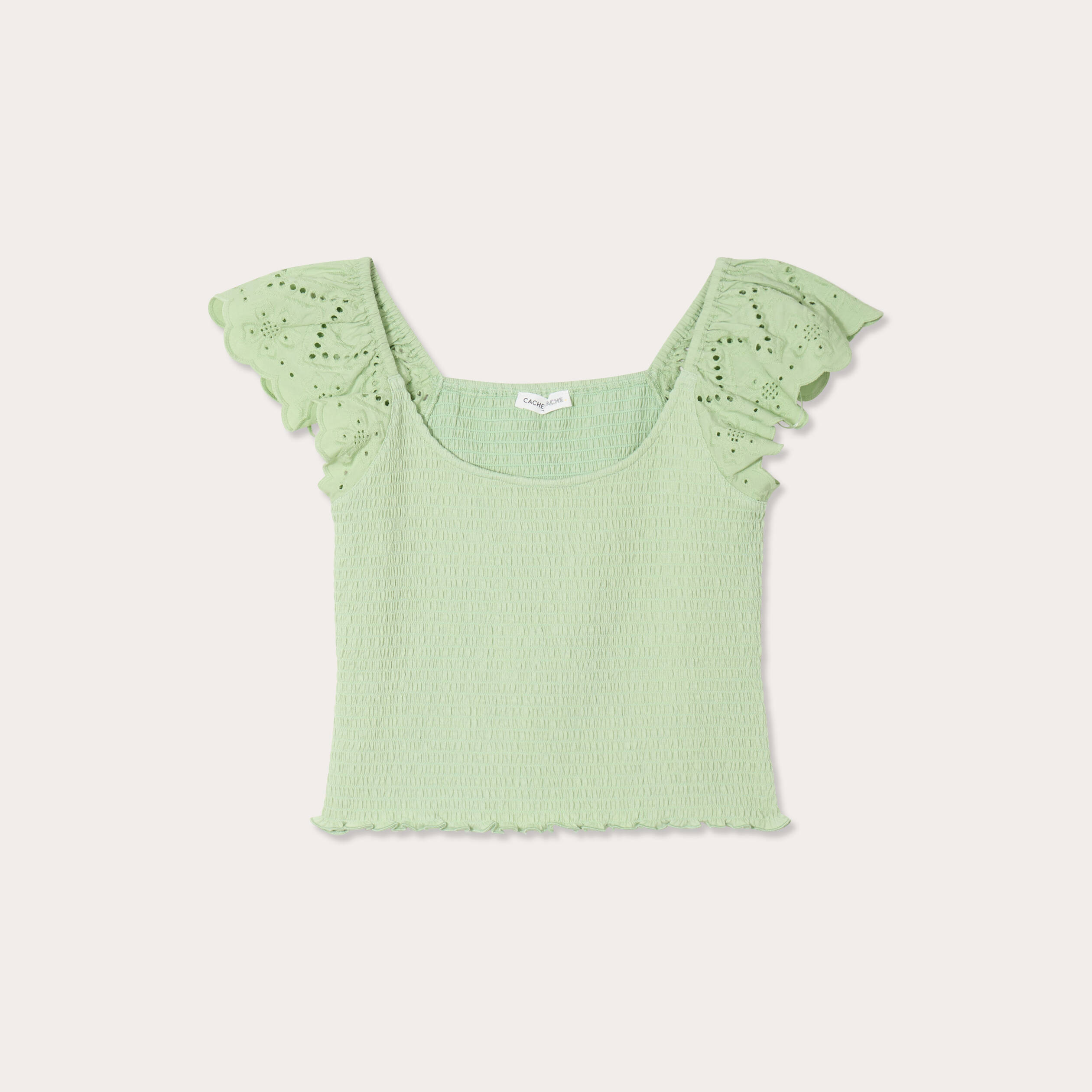 T-shirt smock&eacute; avec broderie vert clair femme