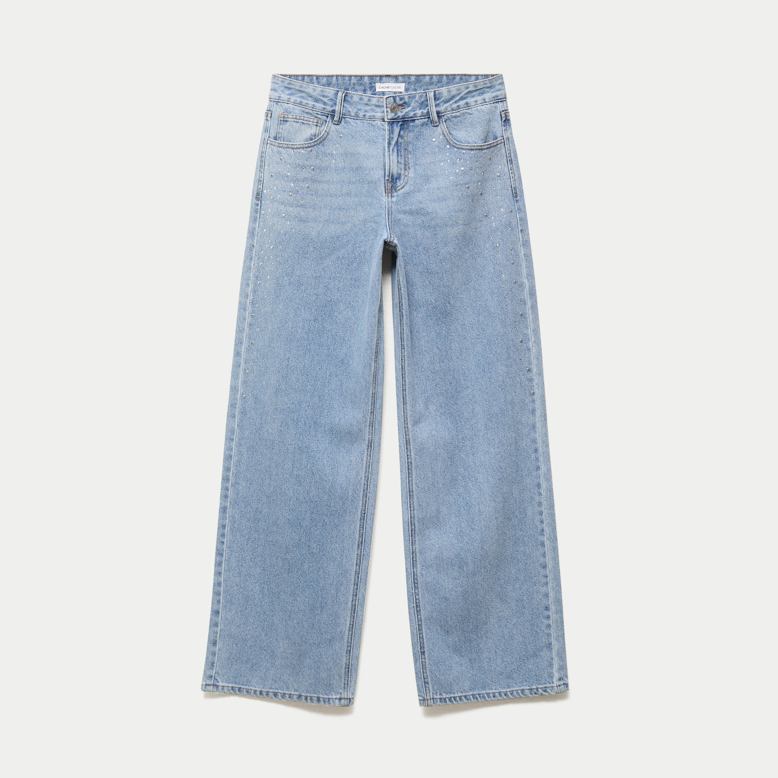 Jean wide leg taille basse strass denim triple stone femme