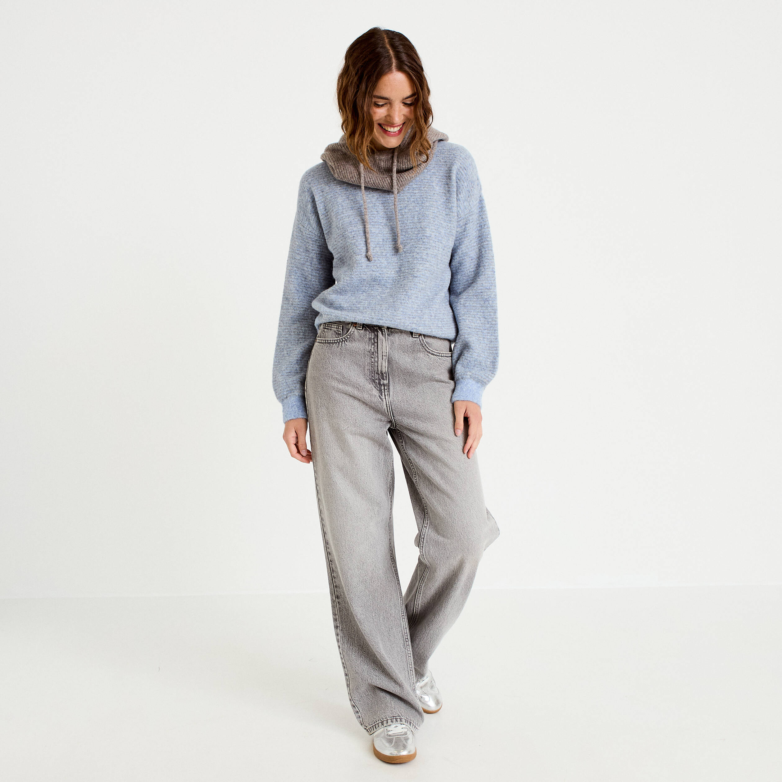 Pull ample col rond manches longues gris femme