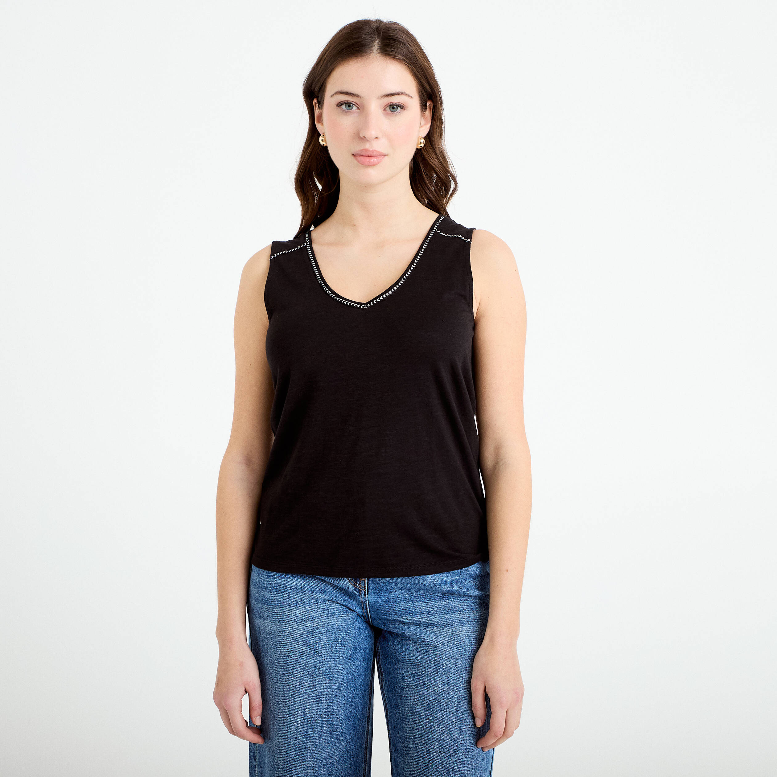 D&eacute;bardeur col v noir femme