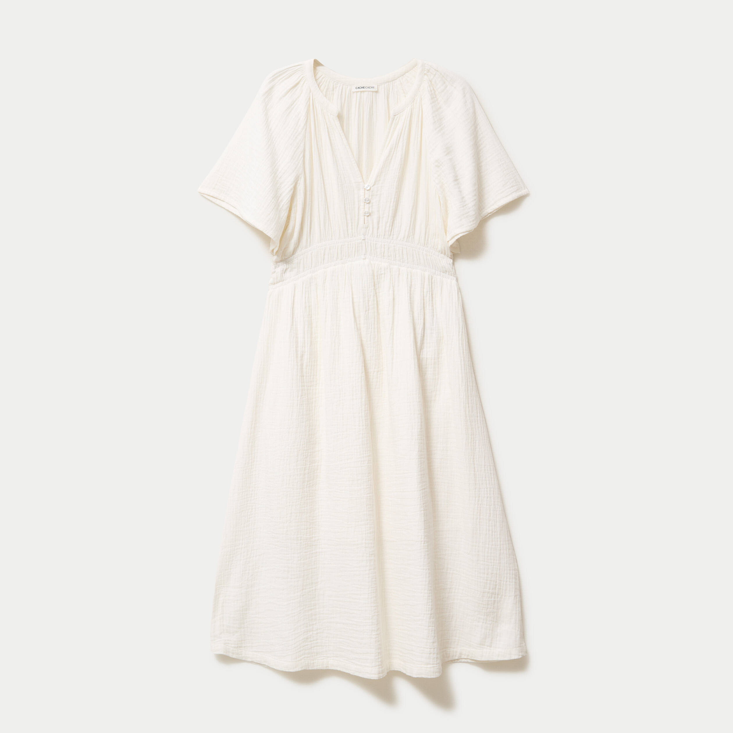 Robe midi pliss&eacute;e col v manches courtes blanc femme
