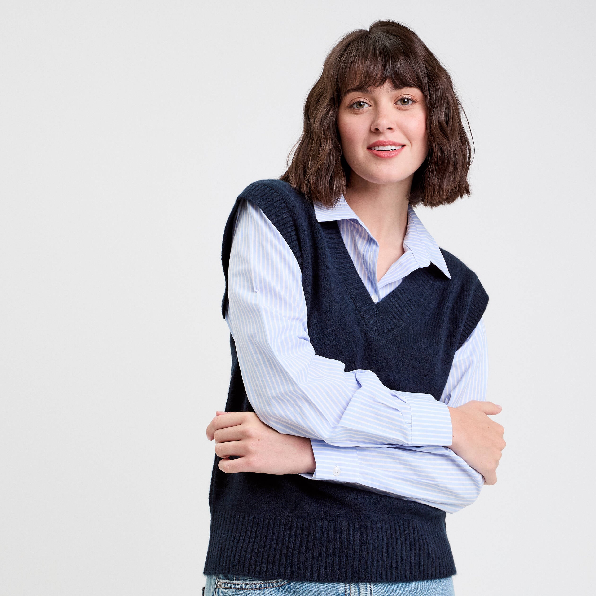 Pull chemise 2-en-1 bleu marine femme