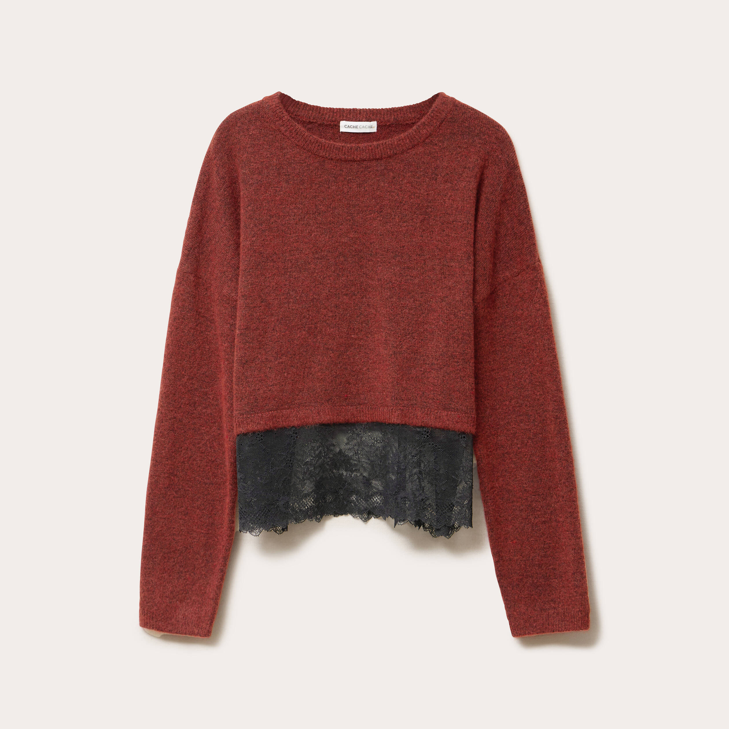 Pull d&eacute;tail dentelle orange fonc&eacute; femme
