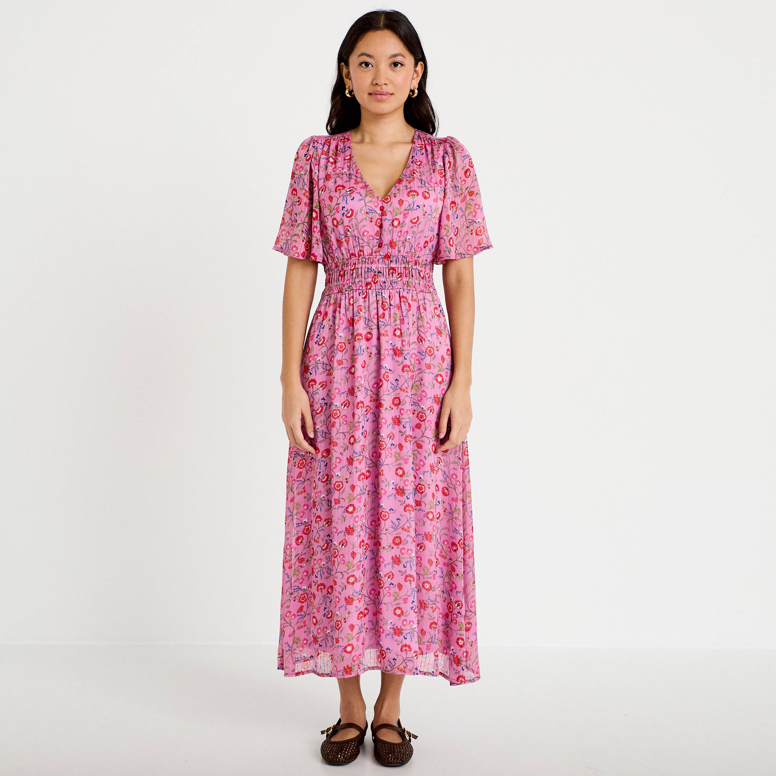 Robe longue &eacute;vas&eacute;e voile manches courtes rose femme