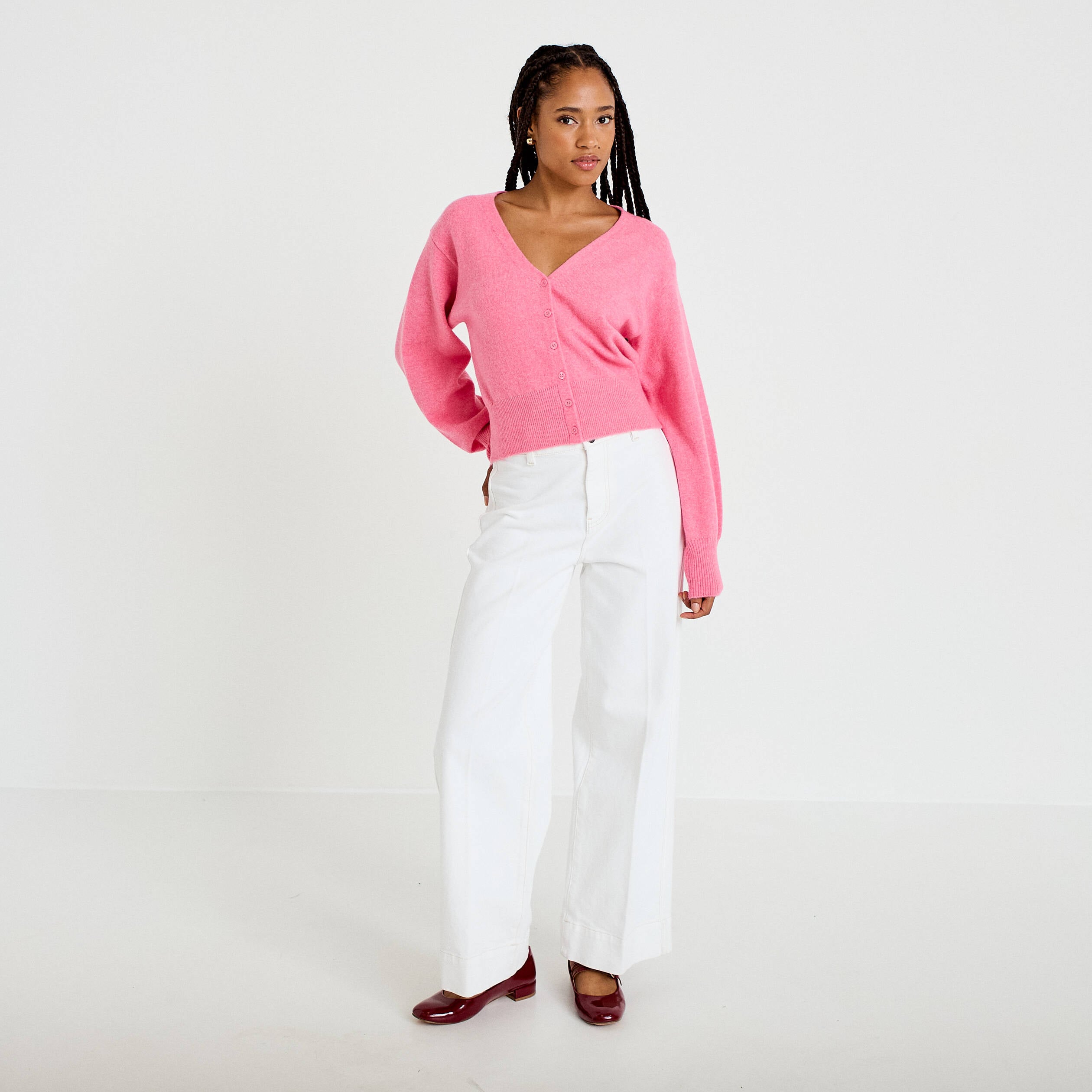 Gilet col v manches longues rose vif femme