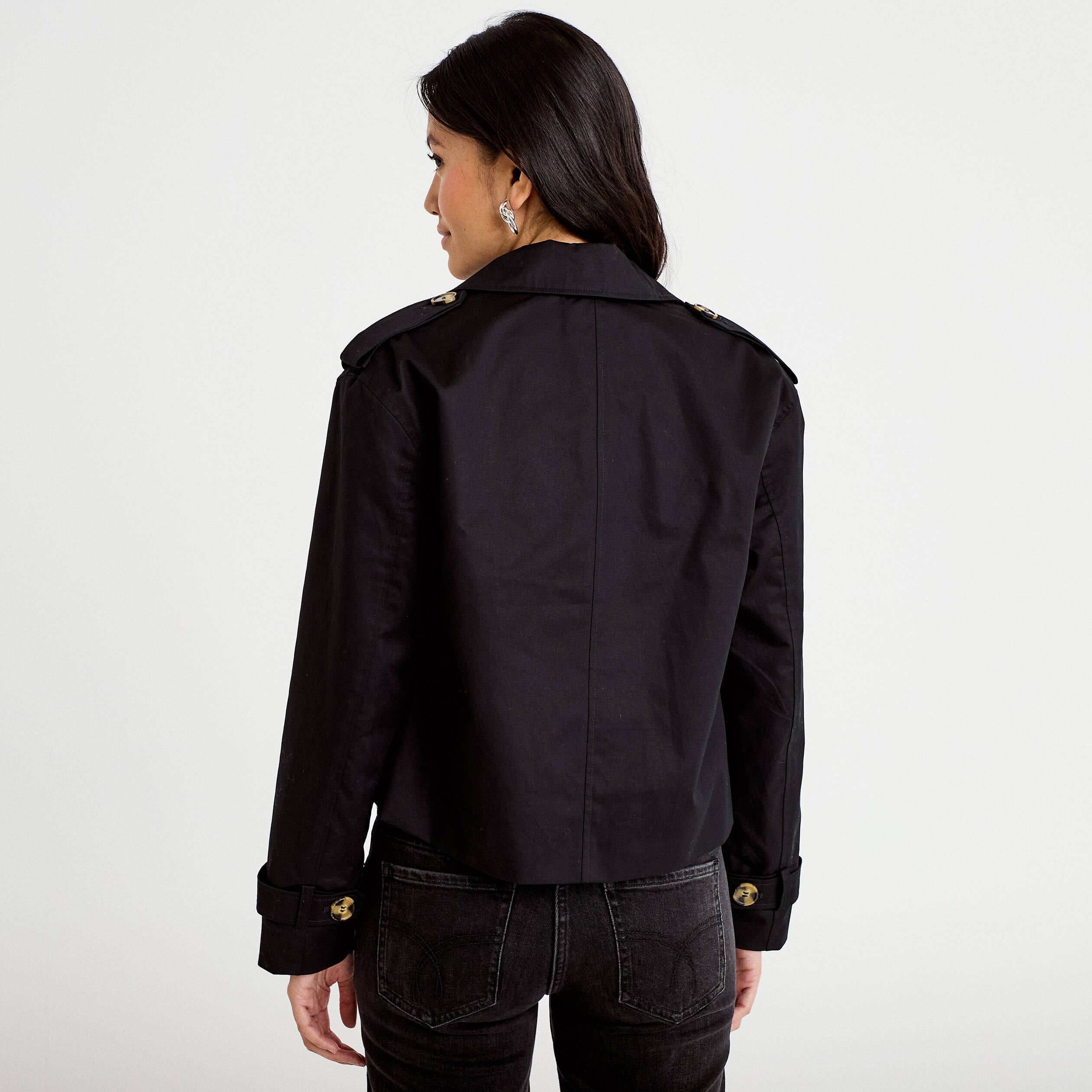 Trench droit court col tailleur noir femme