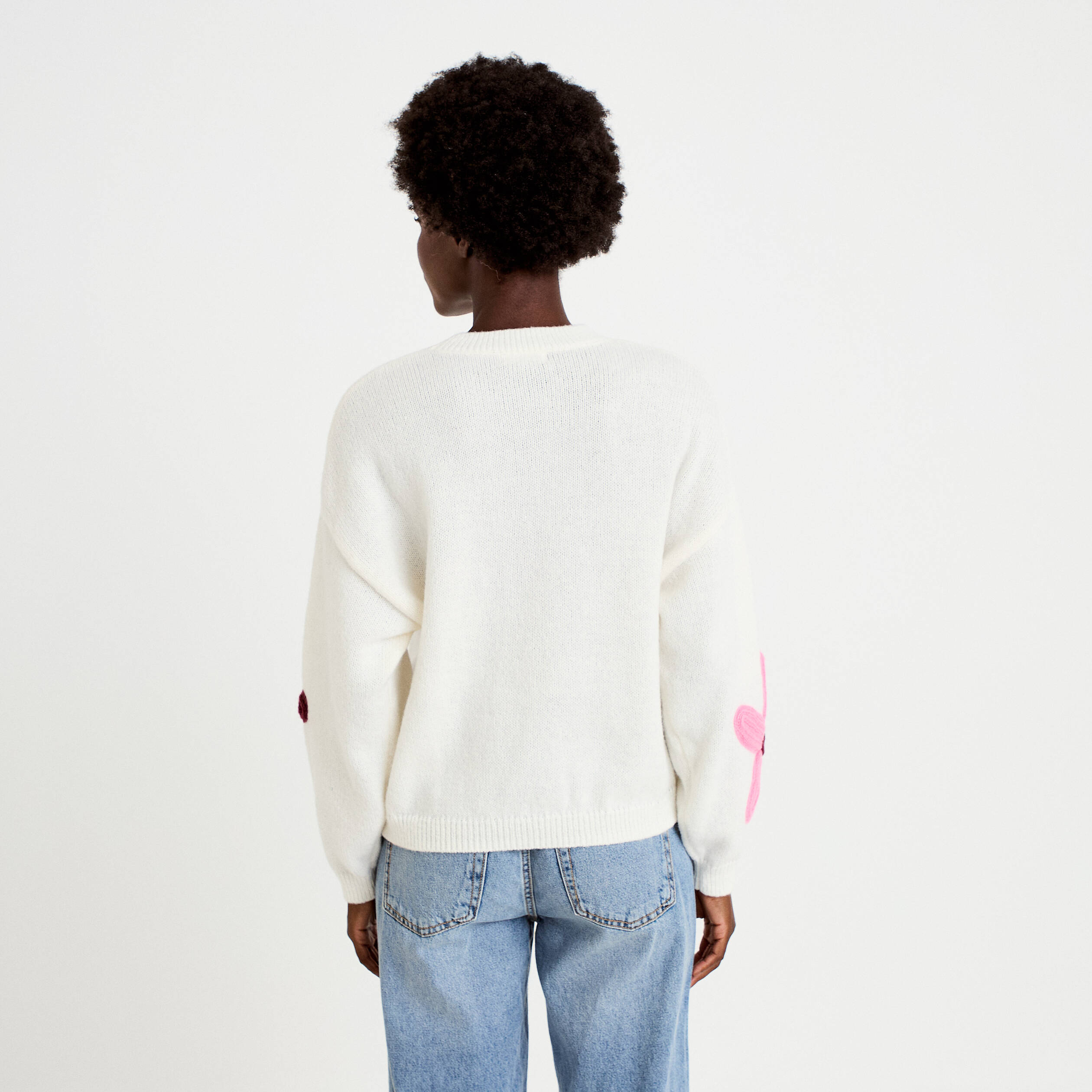 Pull oversize col rond manches longues ecru femme