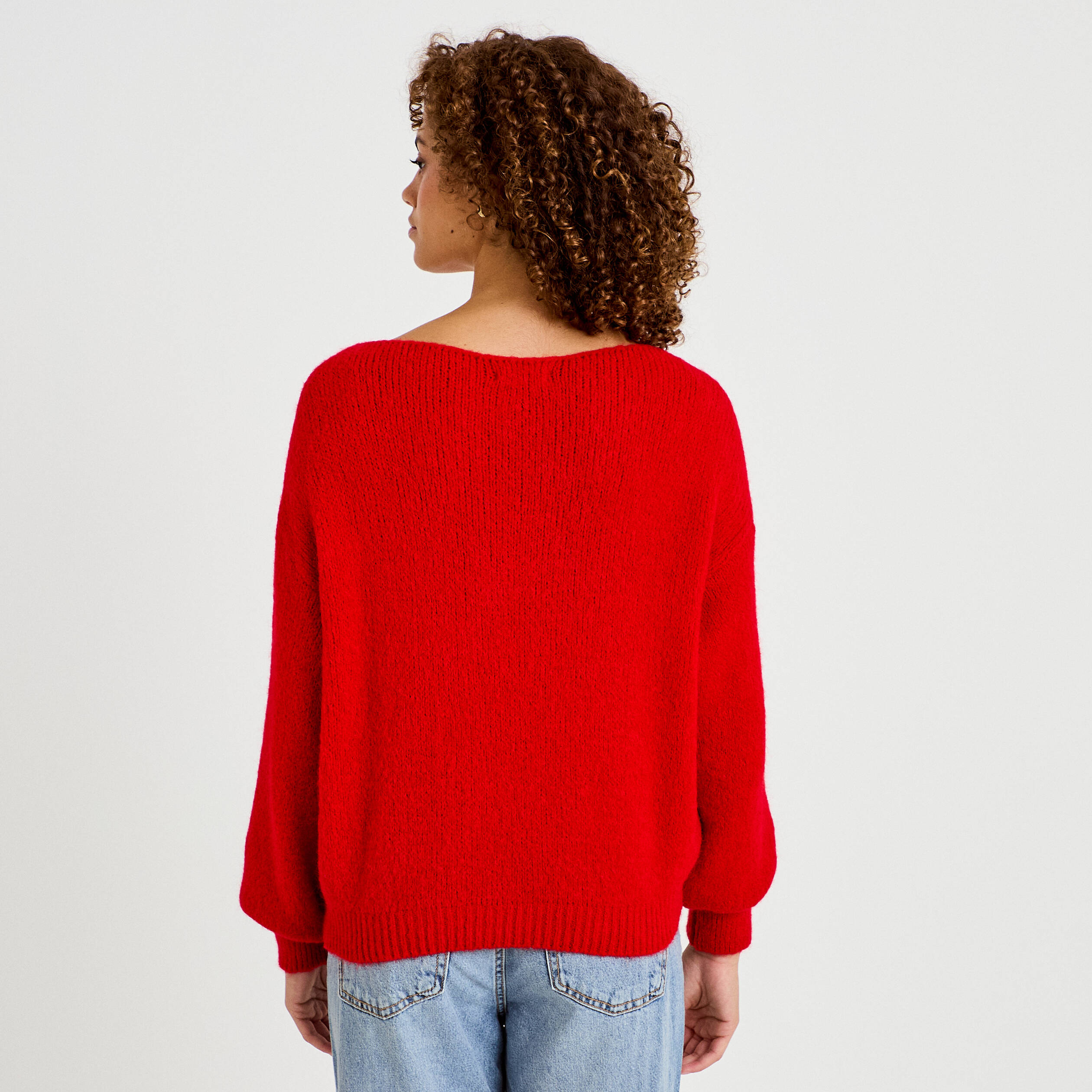 Pull ample col bateau manches longues rouge femme