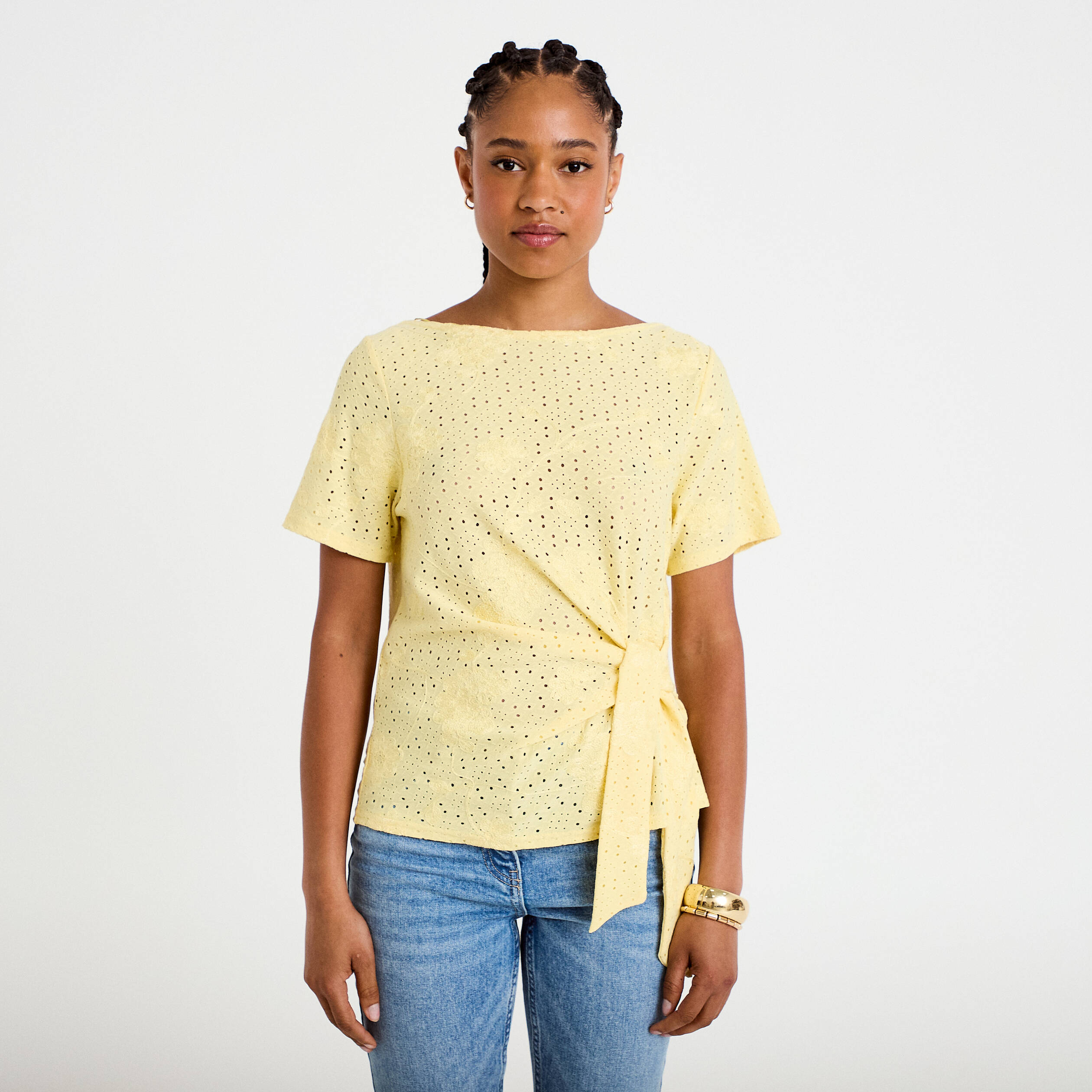 Blouse col v manches courtes jaune clair femme