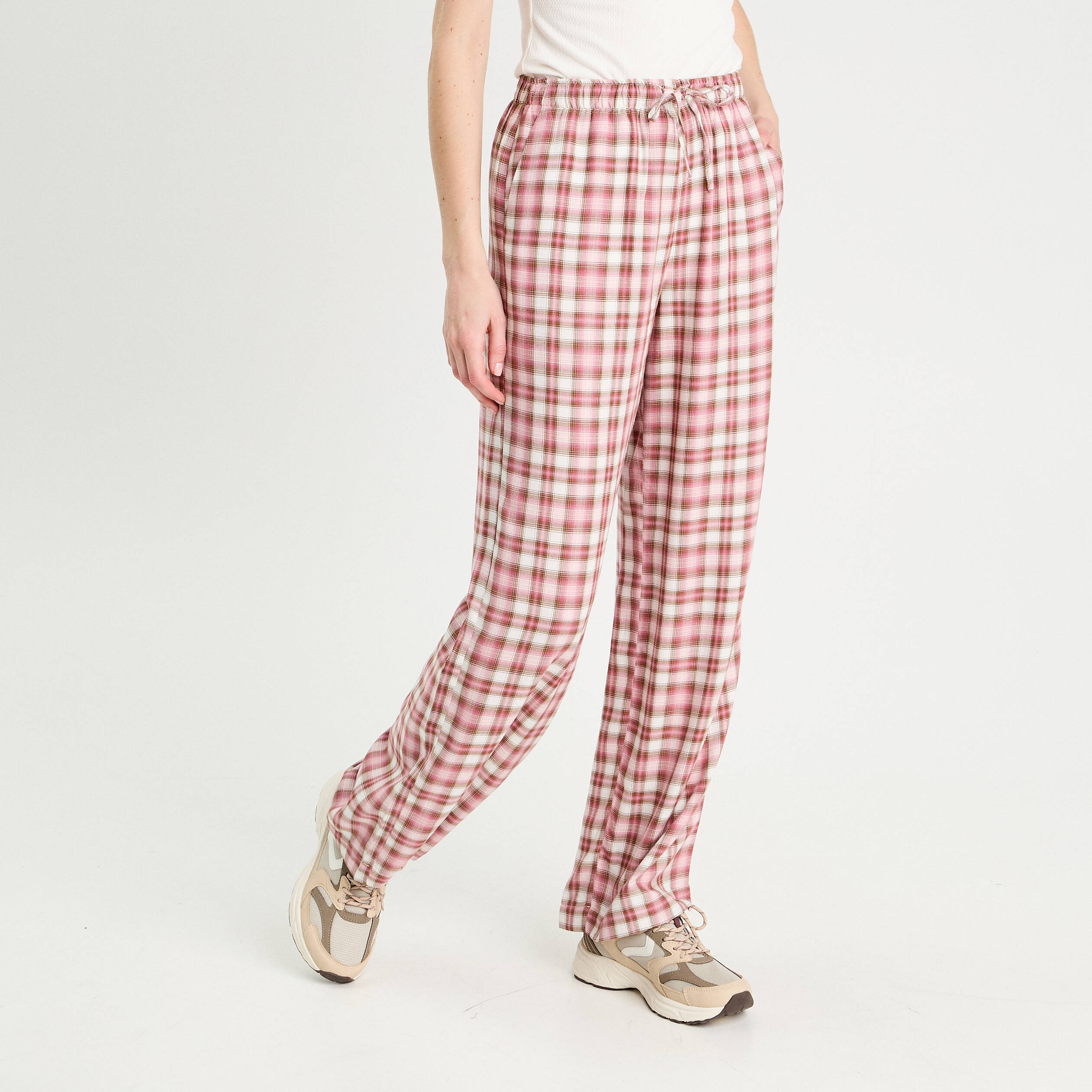 Pantalon large taille haute rose femme
