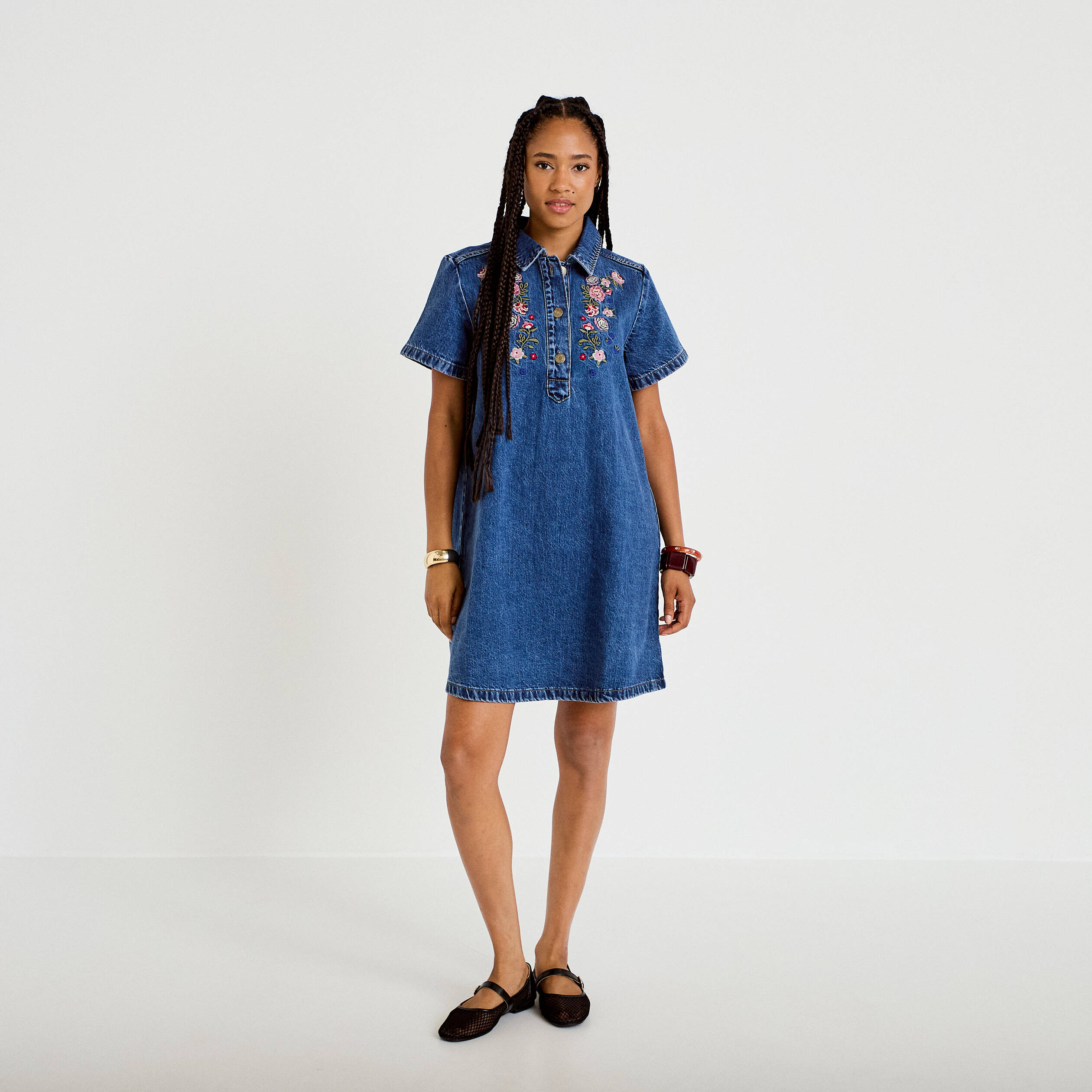 Robe droite courte en jean col chemise denim stone femme