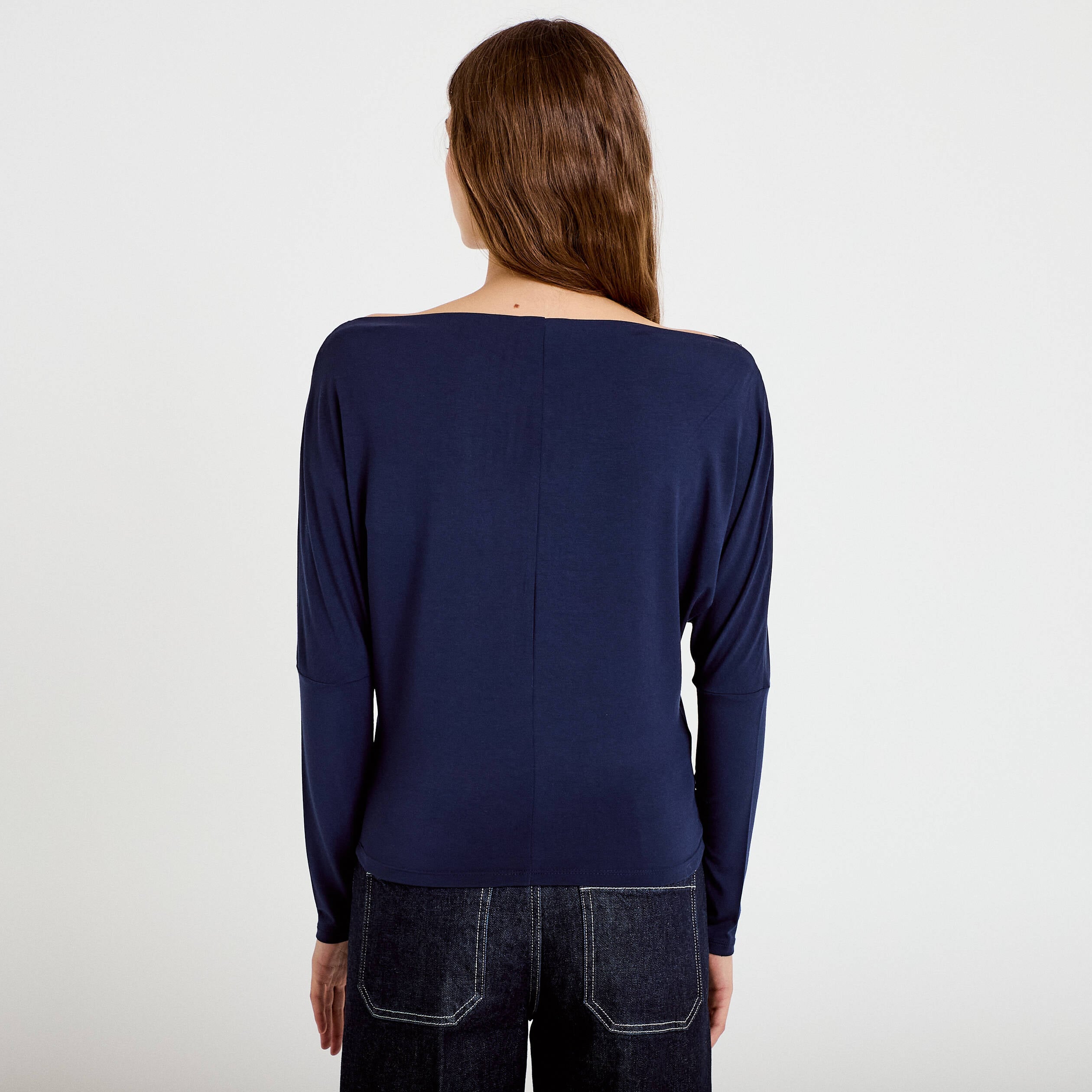 T-shirt col bateau manches longues bleu marine femme