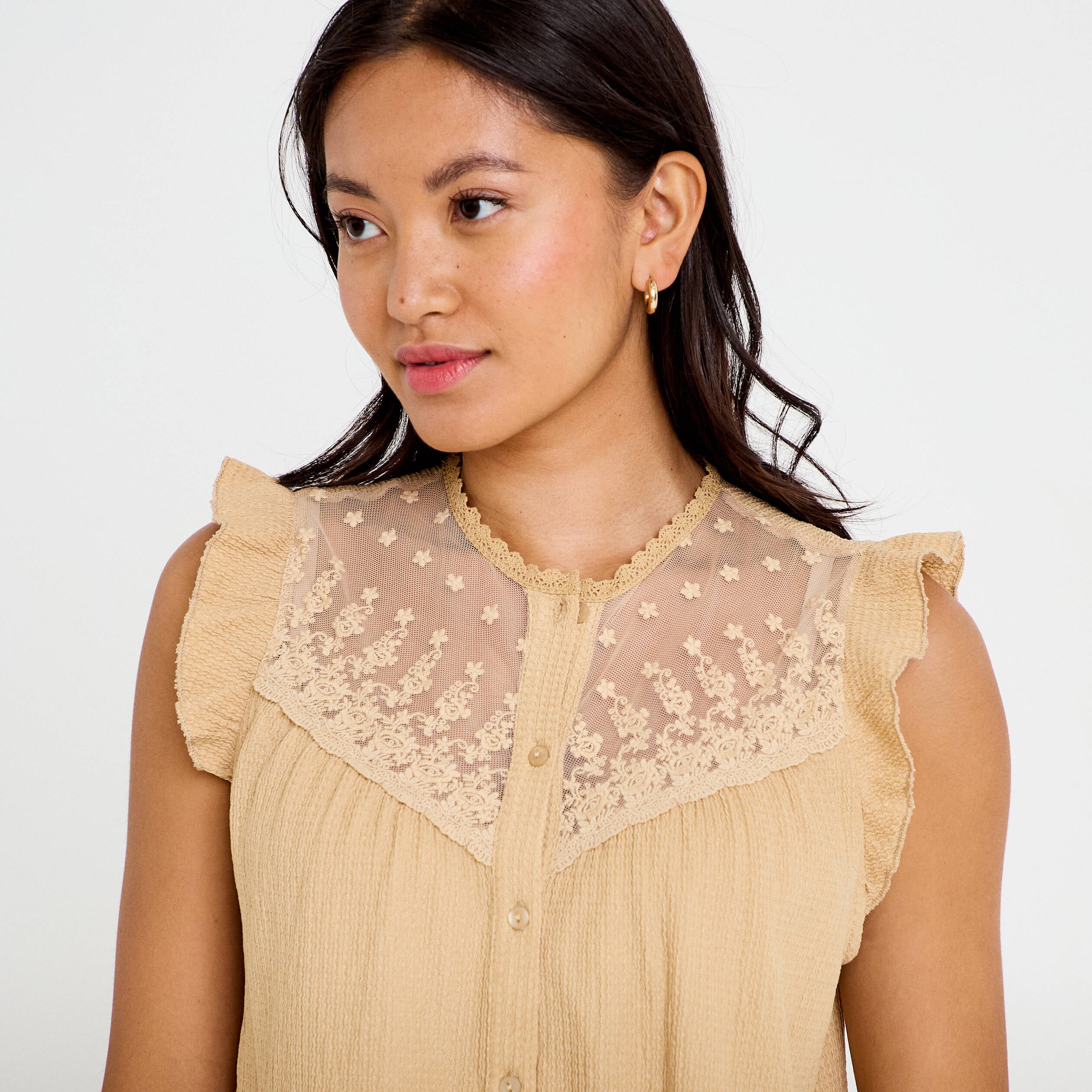 Blouse sans manches col rond beige femme