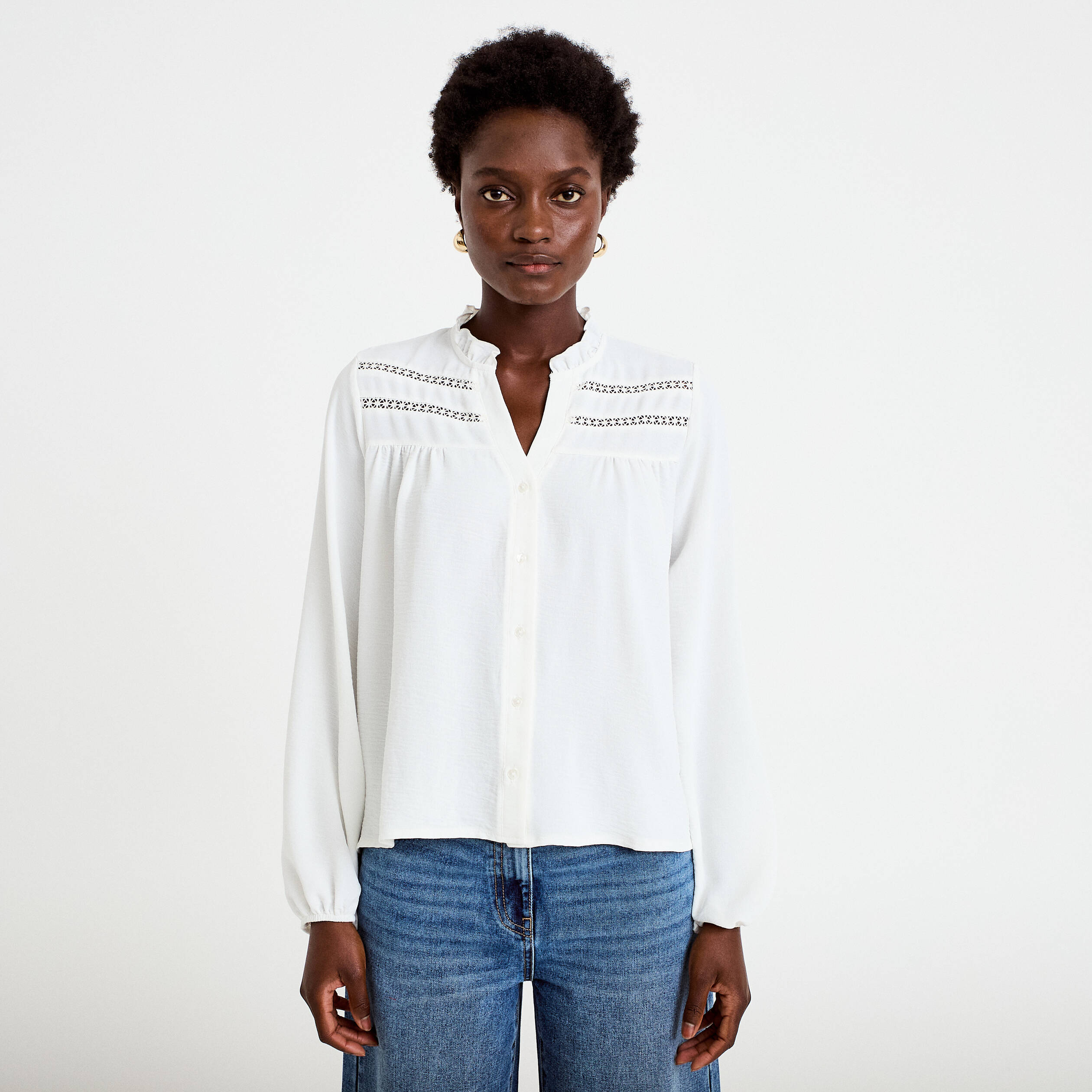 Blouse droite col mao manches longues ecru femme