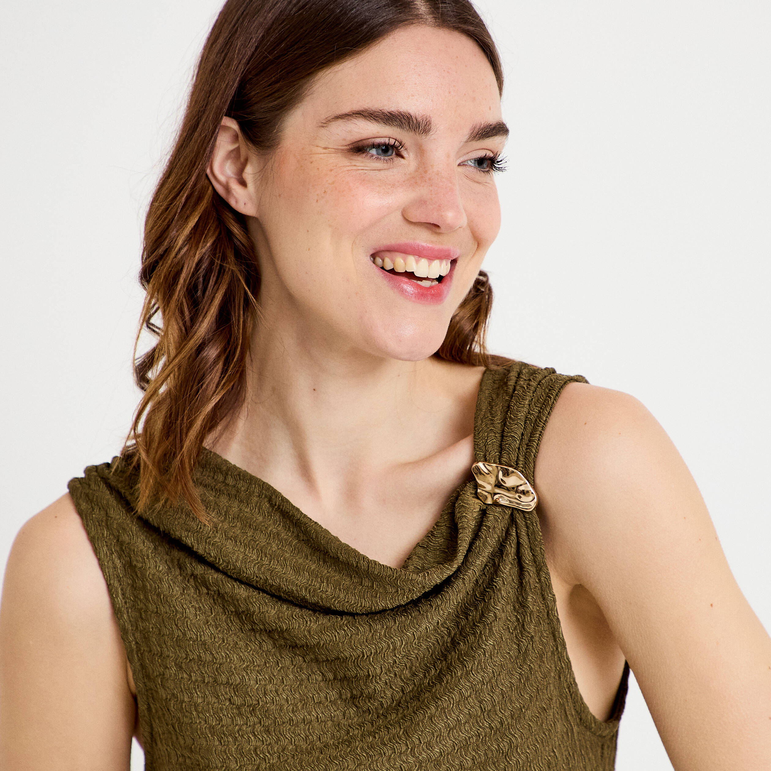 Robe midi droite sans manches en maille vert kaki femme