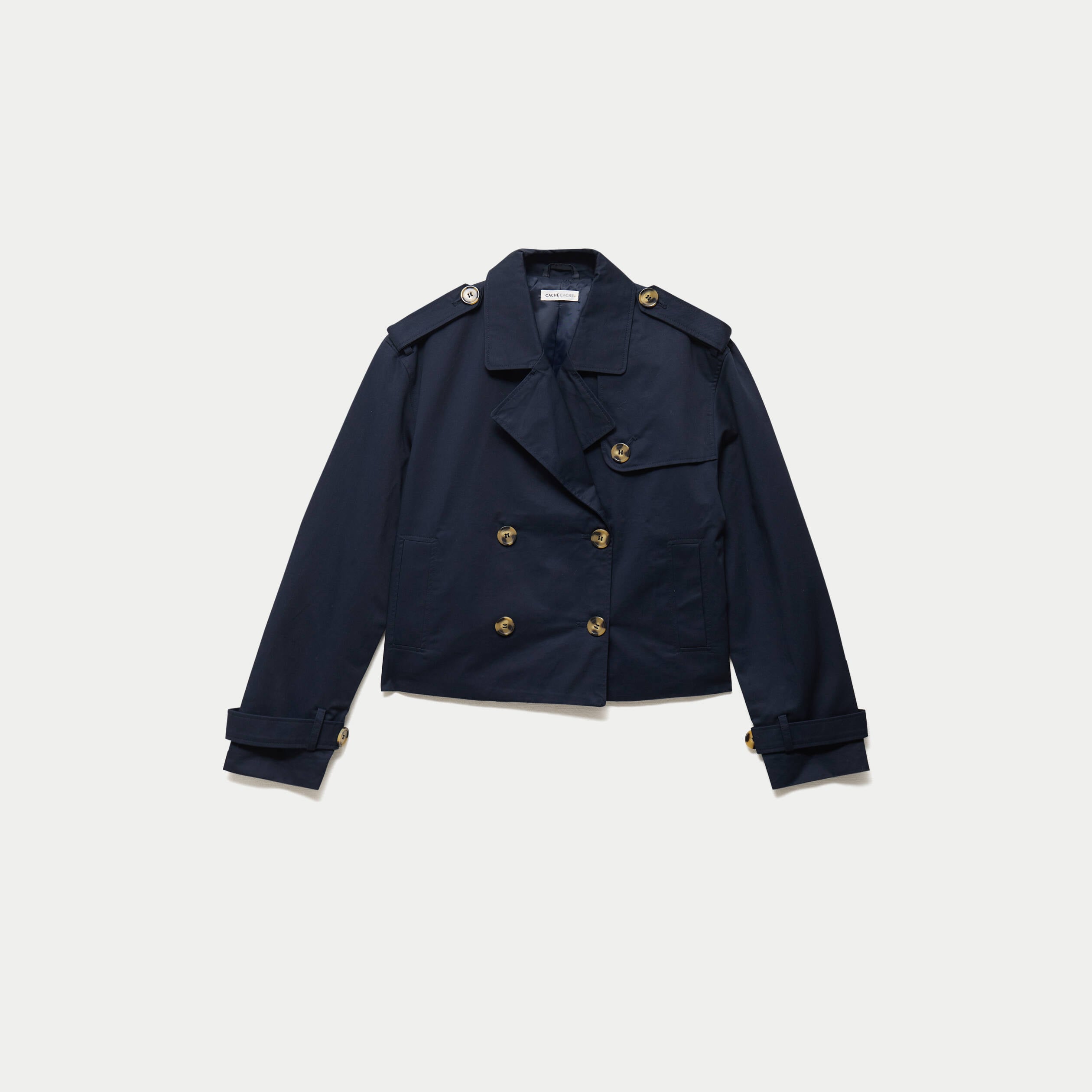 Trench droit court col tailleur bleu marine femme