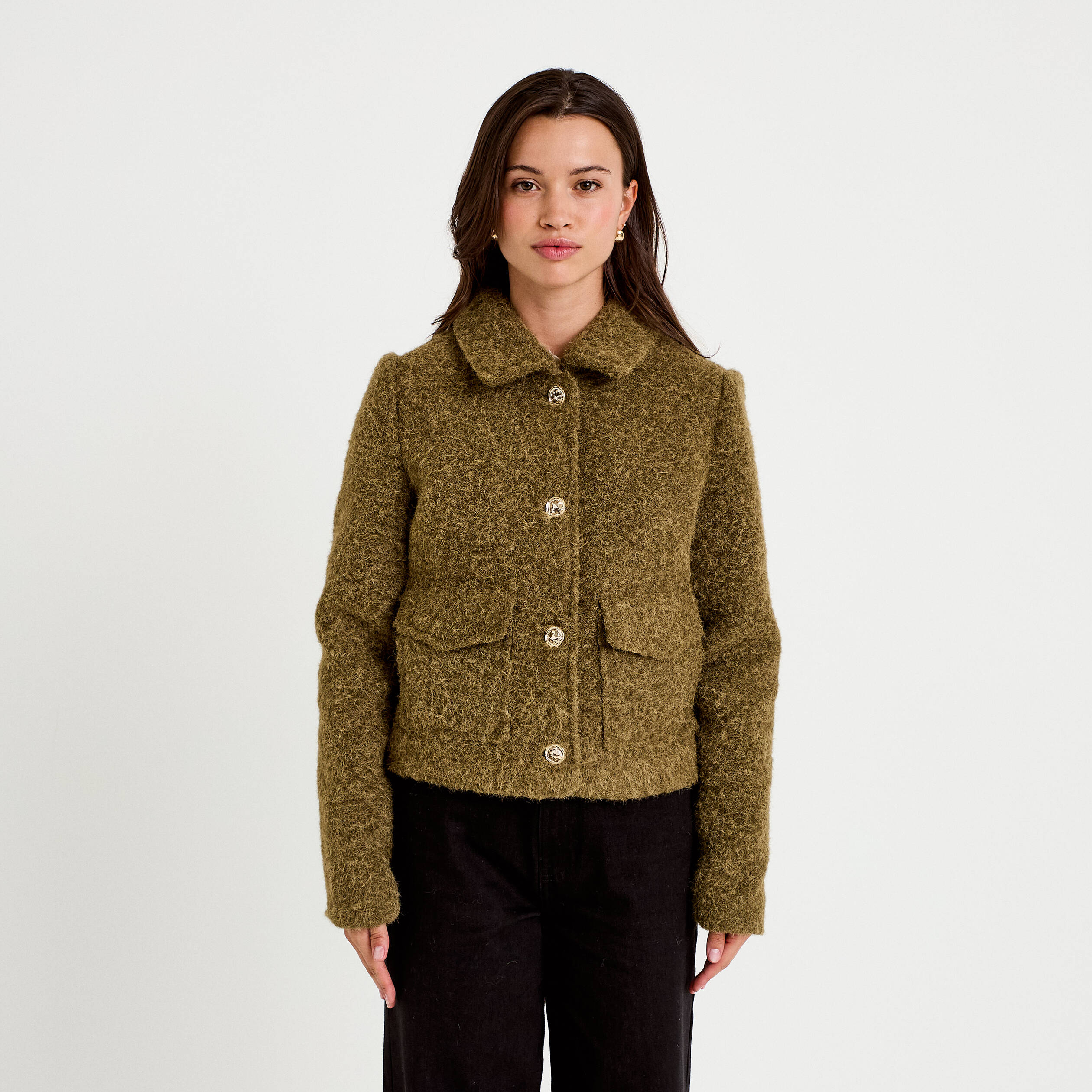 Veste droite bouclette col classique vert kaki femme