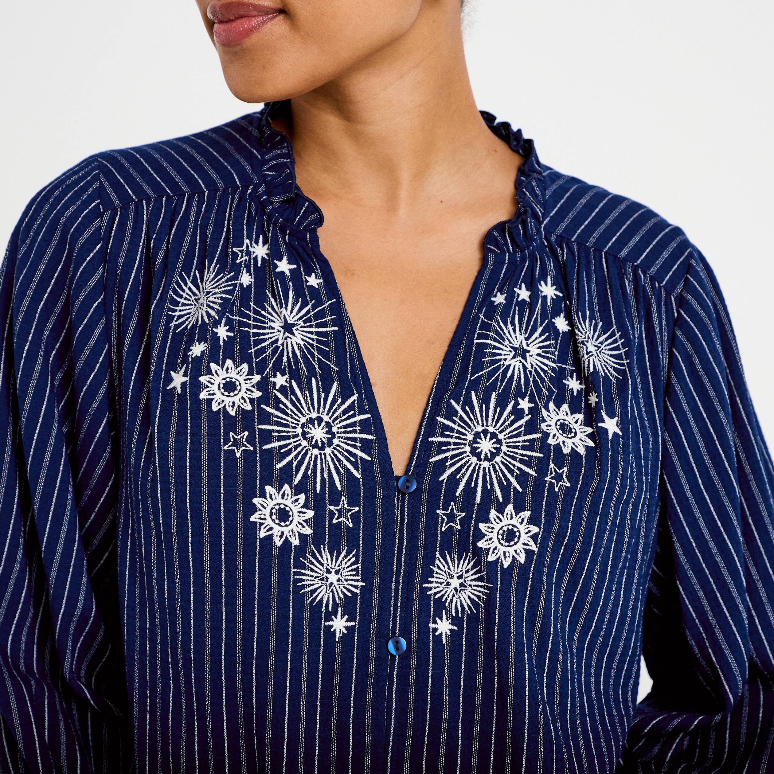 Blouse ample broderie manches 3/4 bleu femme