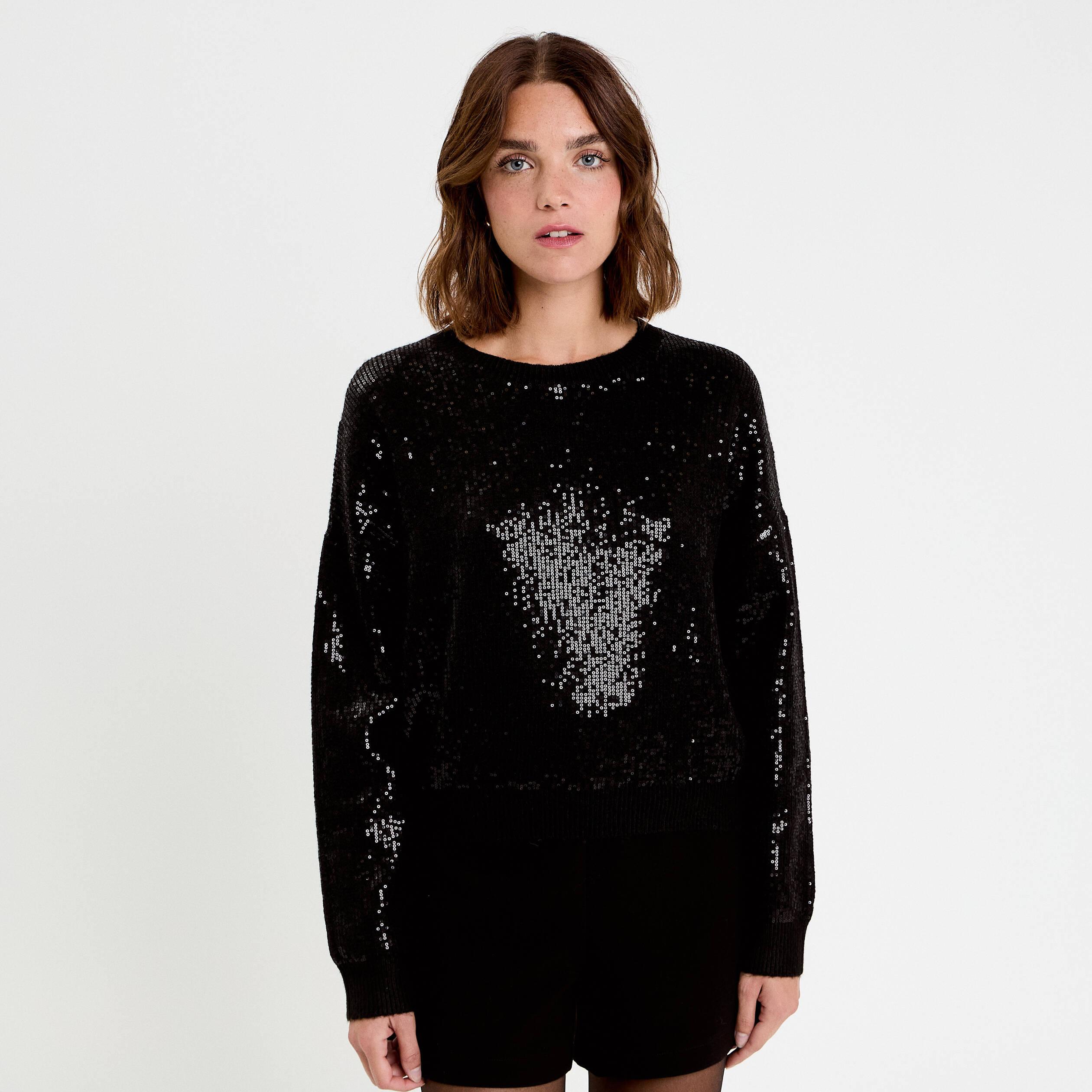 Pull manches longues avec sequins noir femme