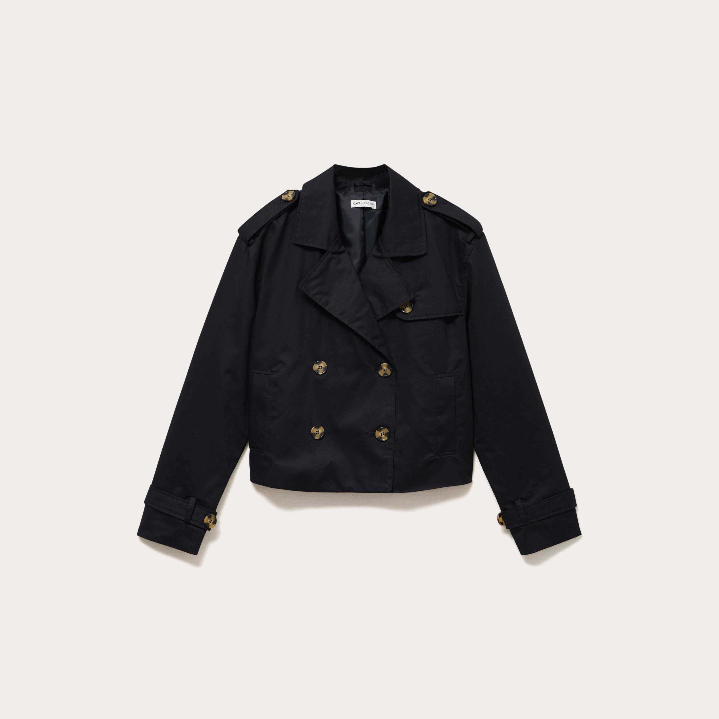 Trench droit court col tailleur noir femme