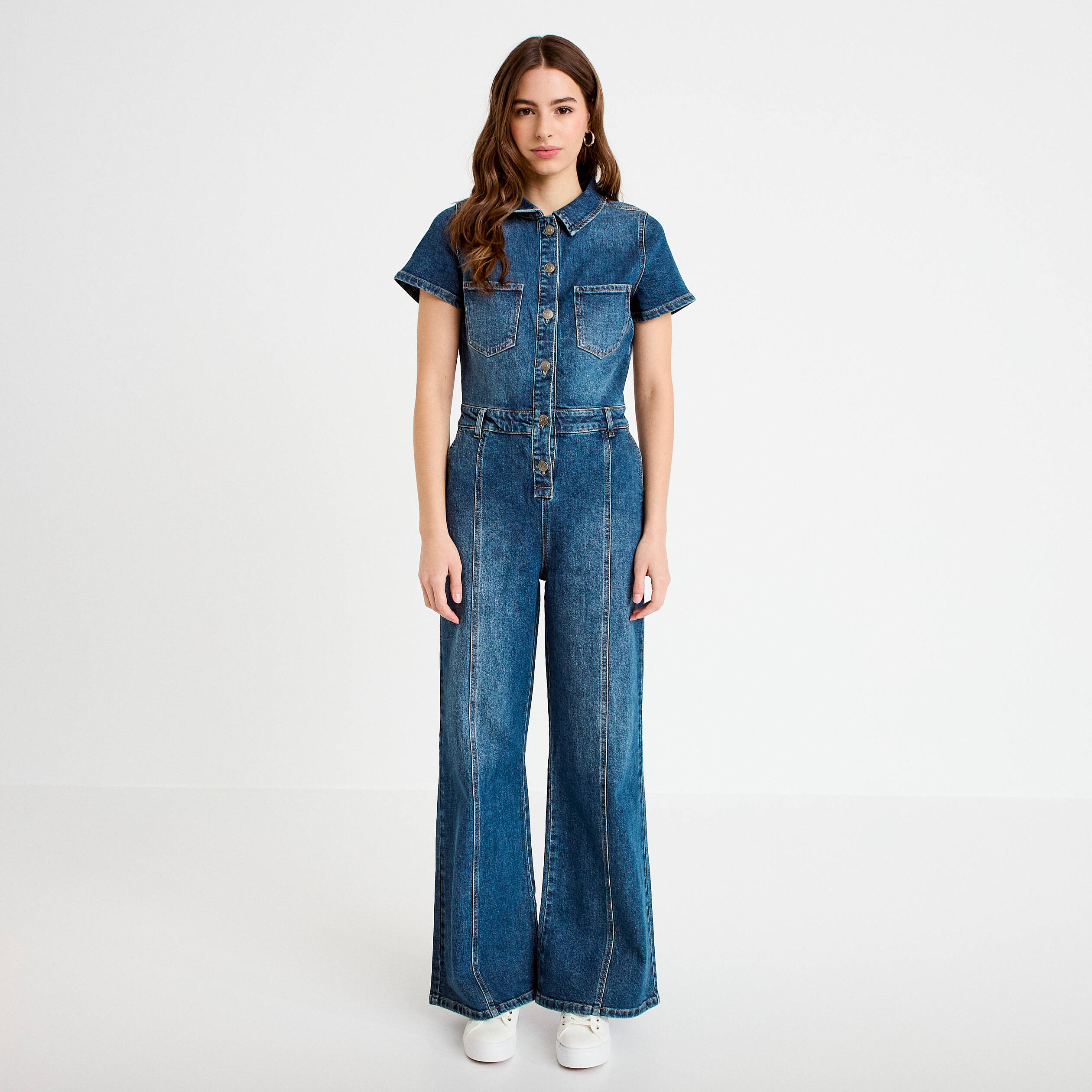Combinaison manches courtes denim stone femme