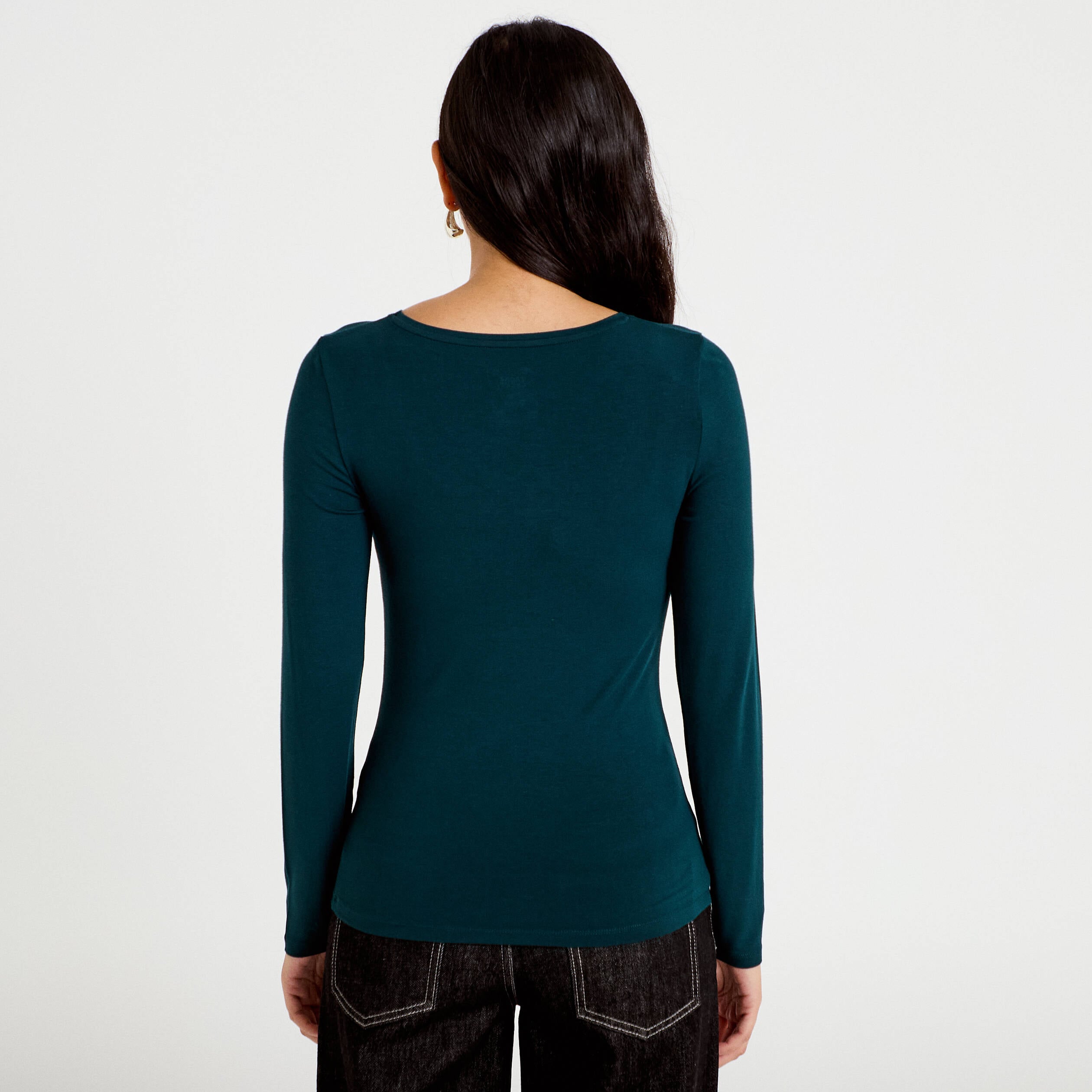 T-shirt uni &agrave; manches longues vert fonc&eacute; femme