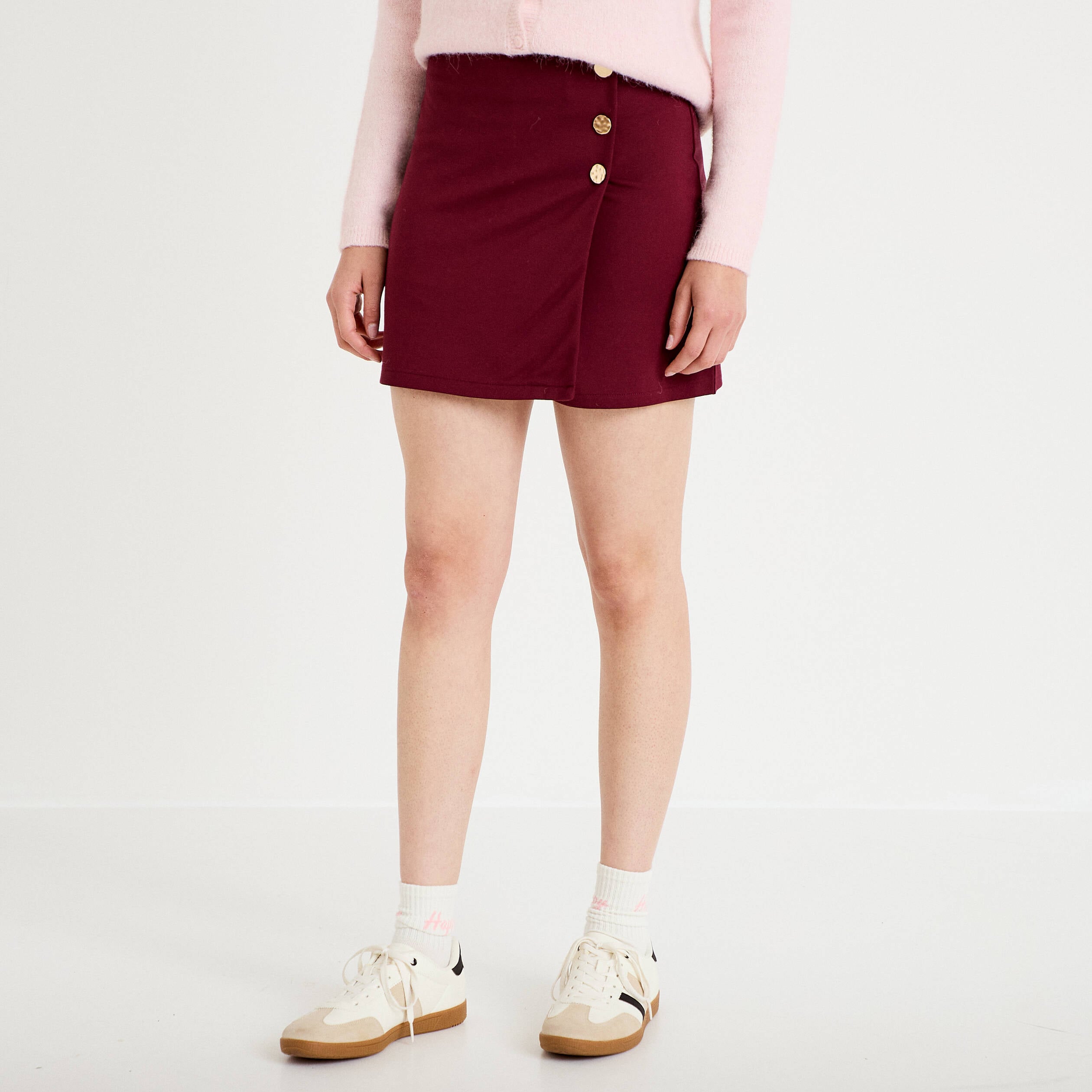Jupe-short trap&egrave;ze en maille bordeaux femme