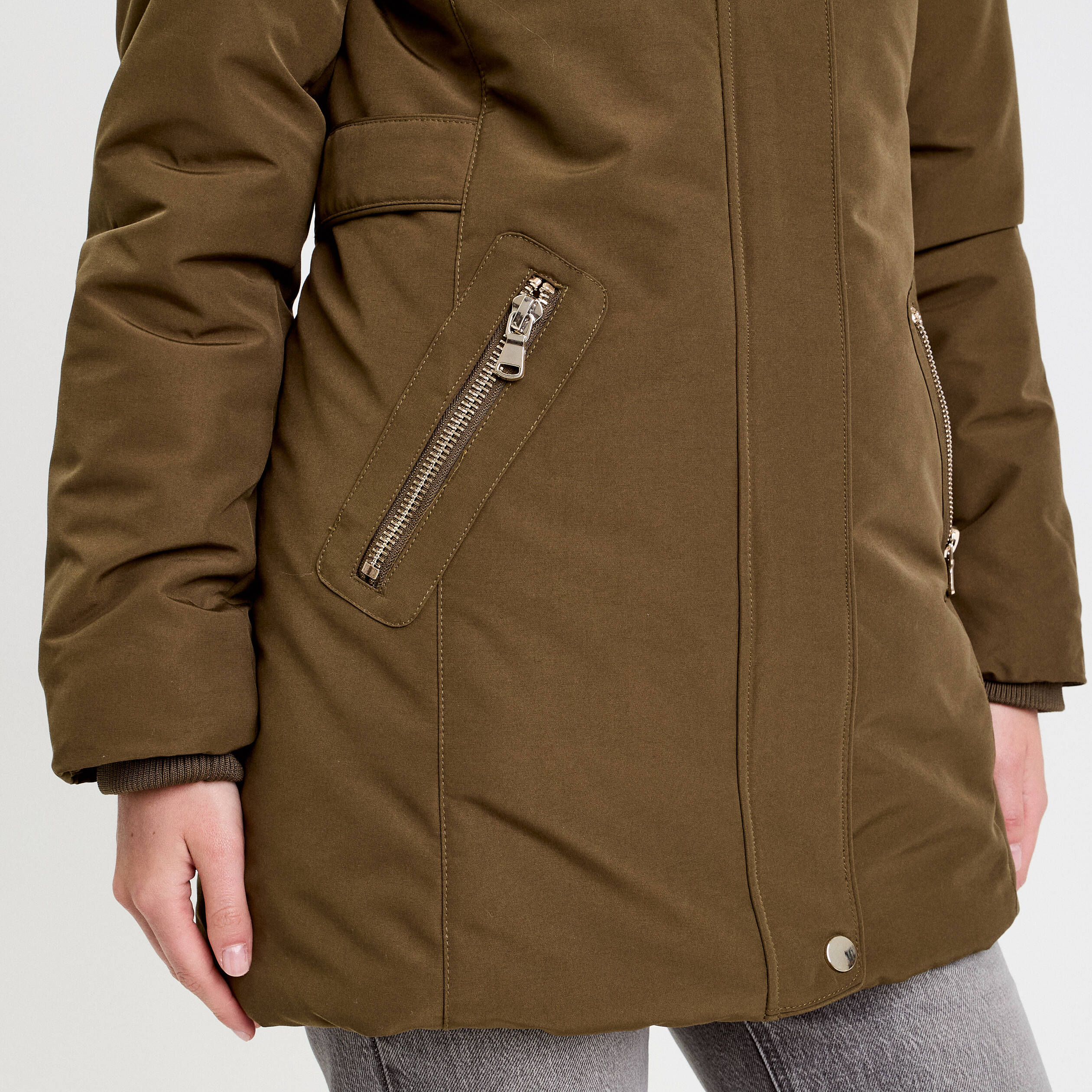Parka &agrave; capuche fausse fourrure vert kaki femme