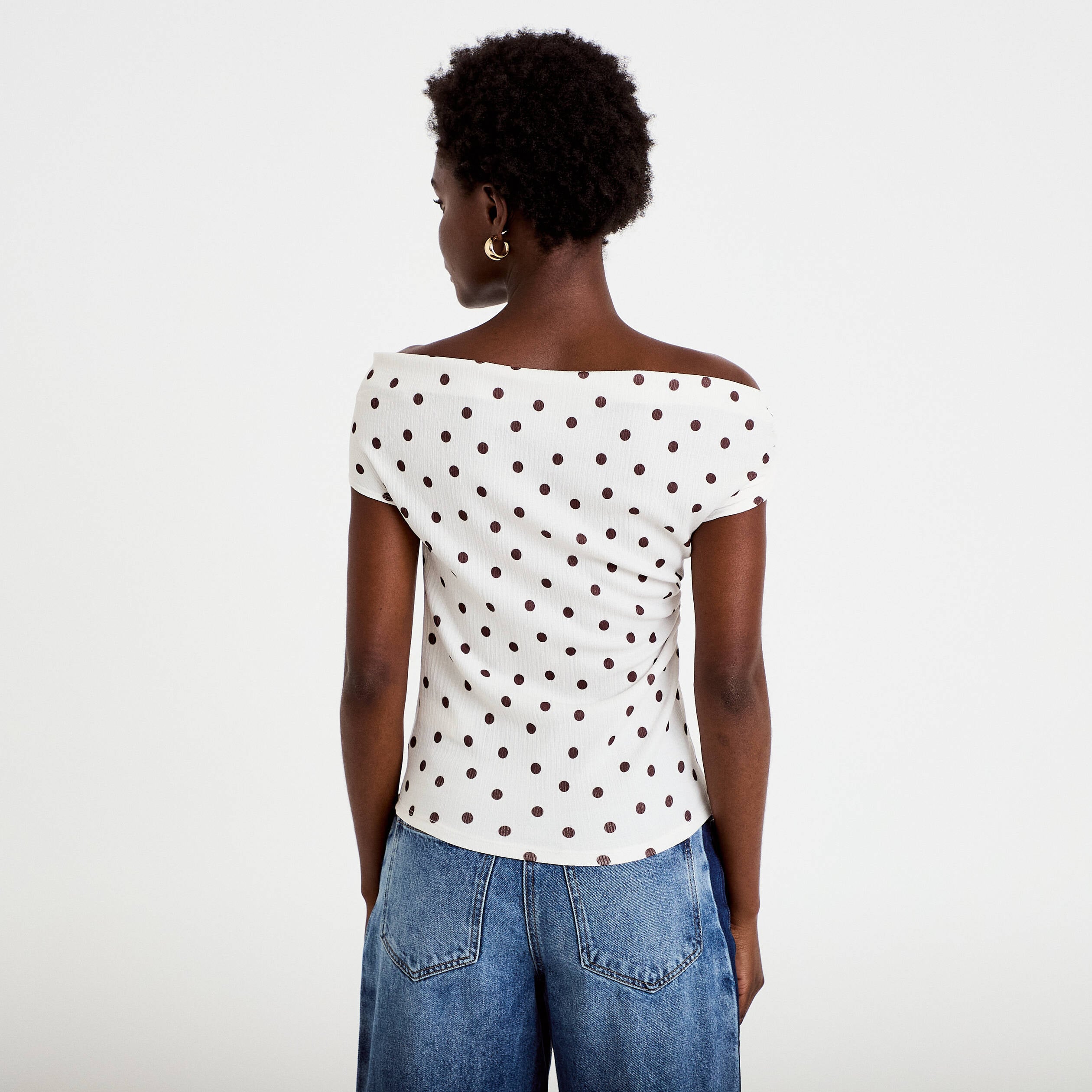 Top pliss&eacute; col bardot sans manches blanc femme
