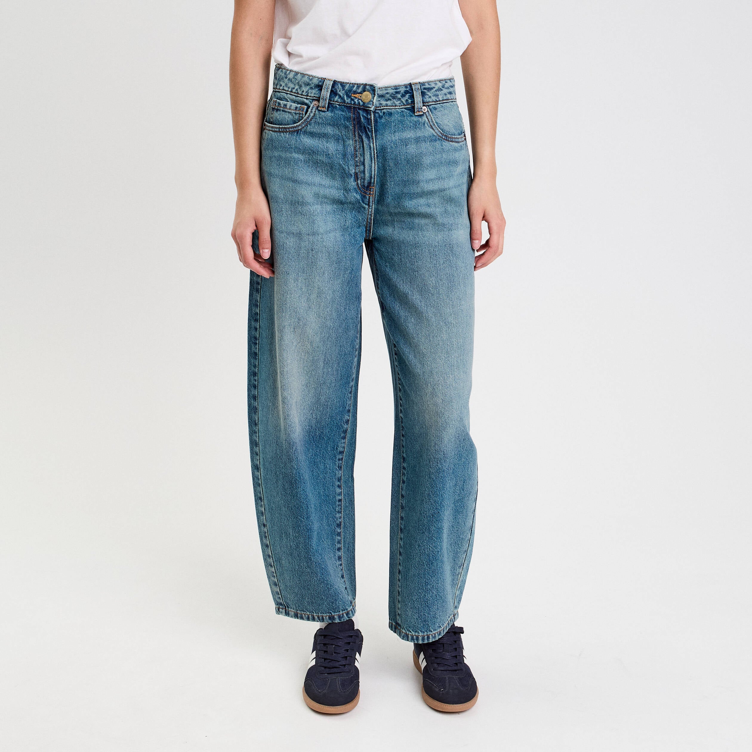 Jean barrel cropped taille standard denim double stone femme