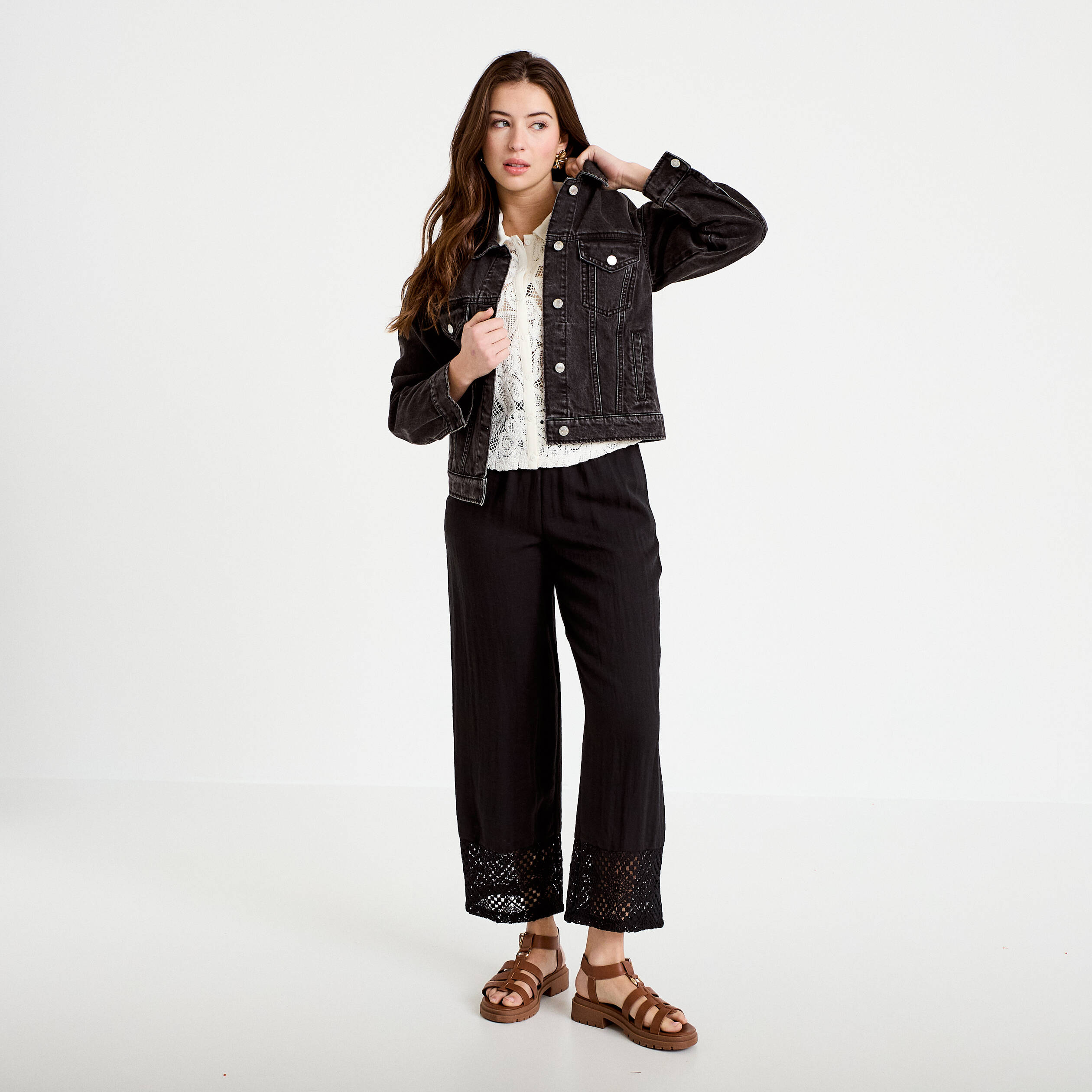 Pantalon large bi-mati&egrave;re pliss&eacute; noir femme