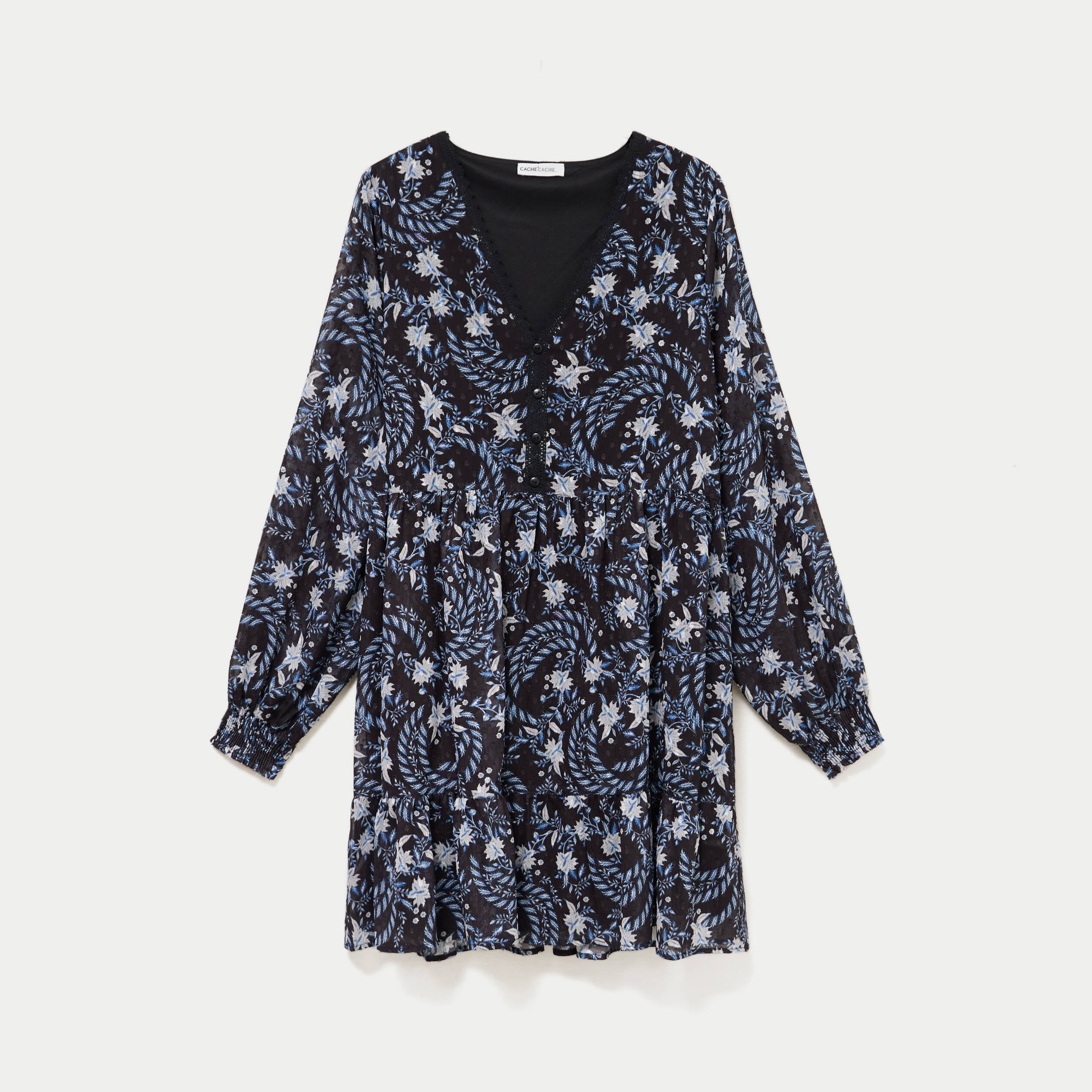 Robe droite col v manches longues noir femme