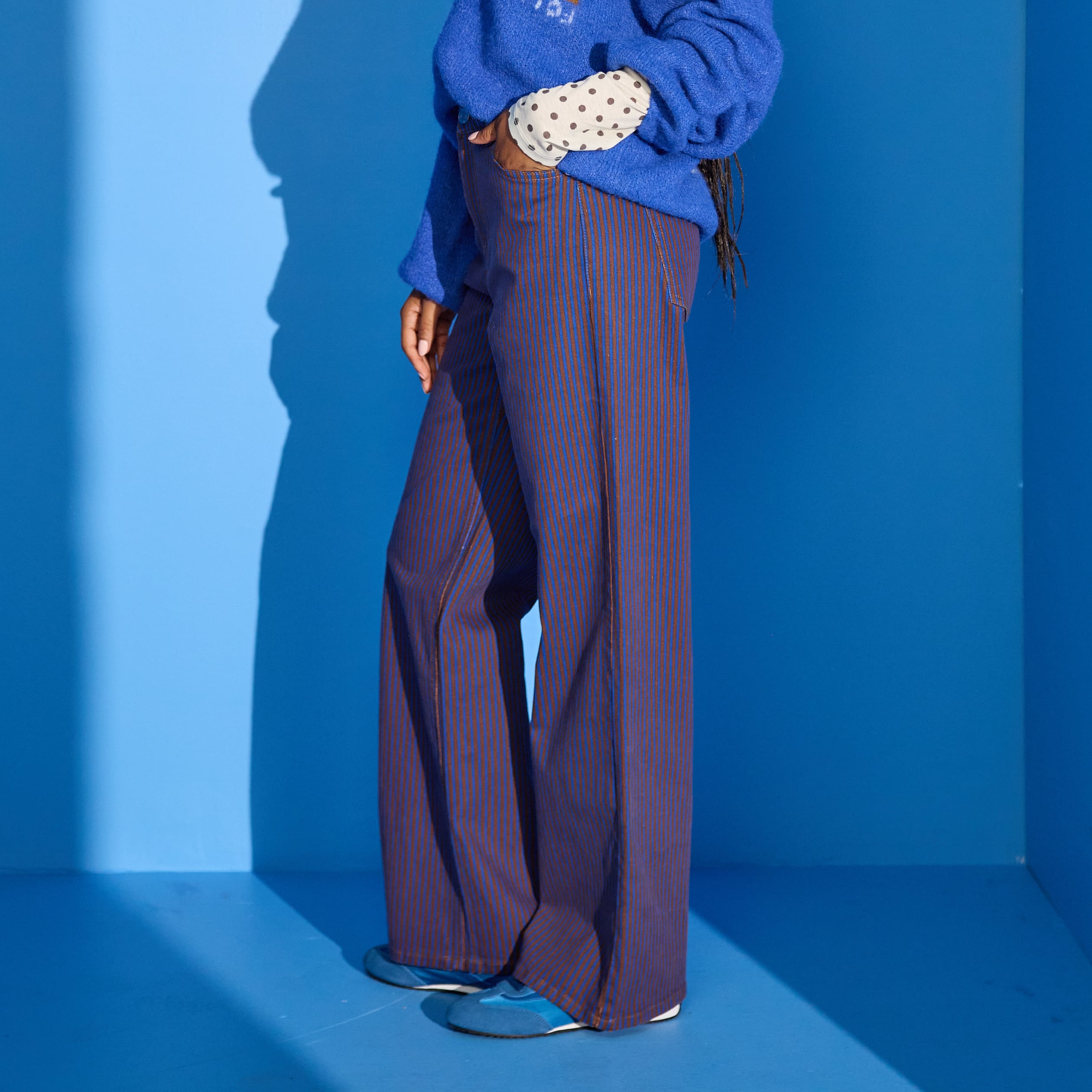 Jean wide leg ray&eacute; taille haute bleu femme