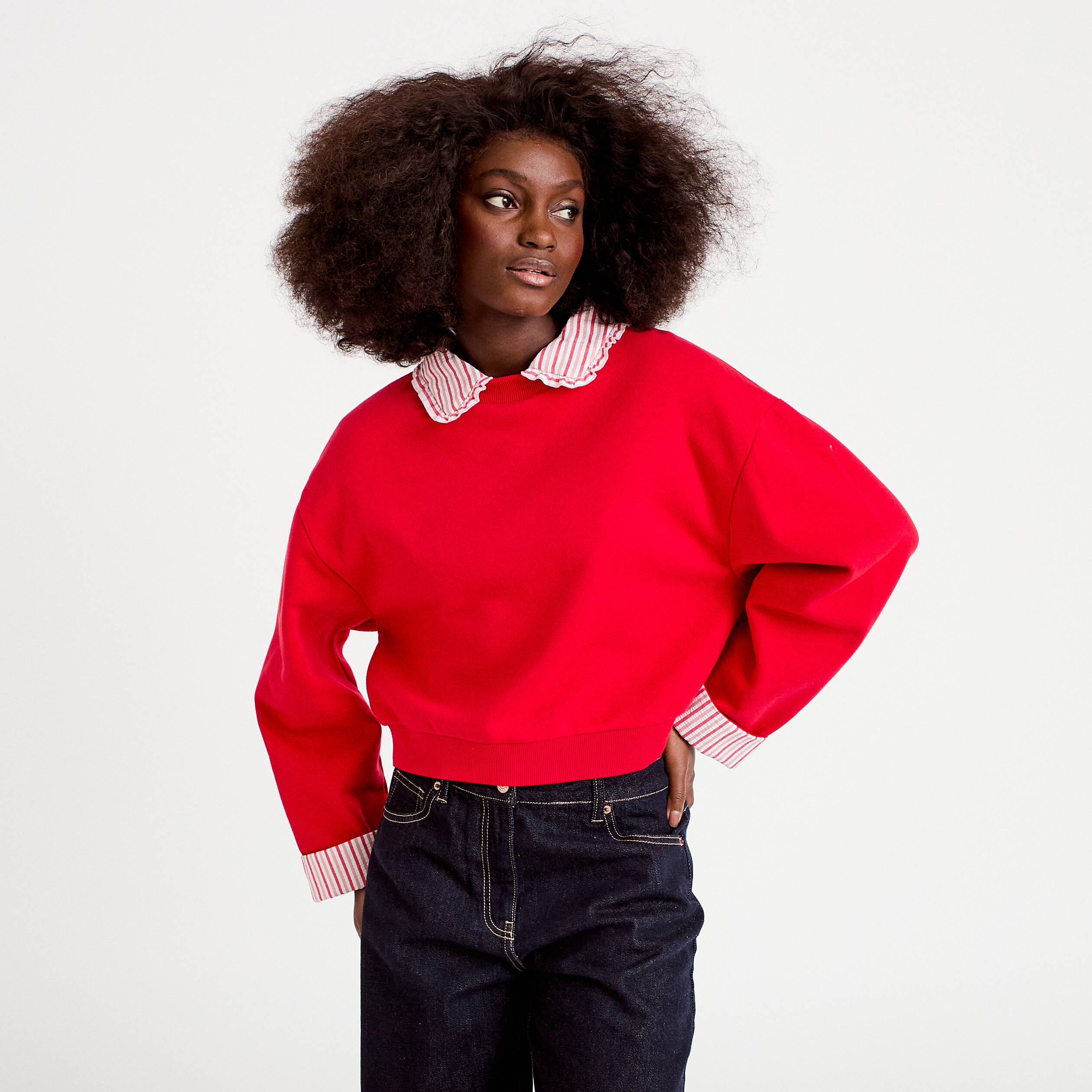 Sweat col chemise manches longues rouge femme