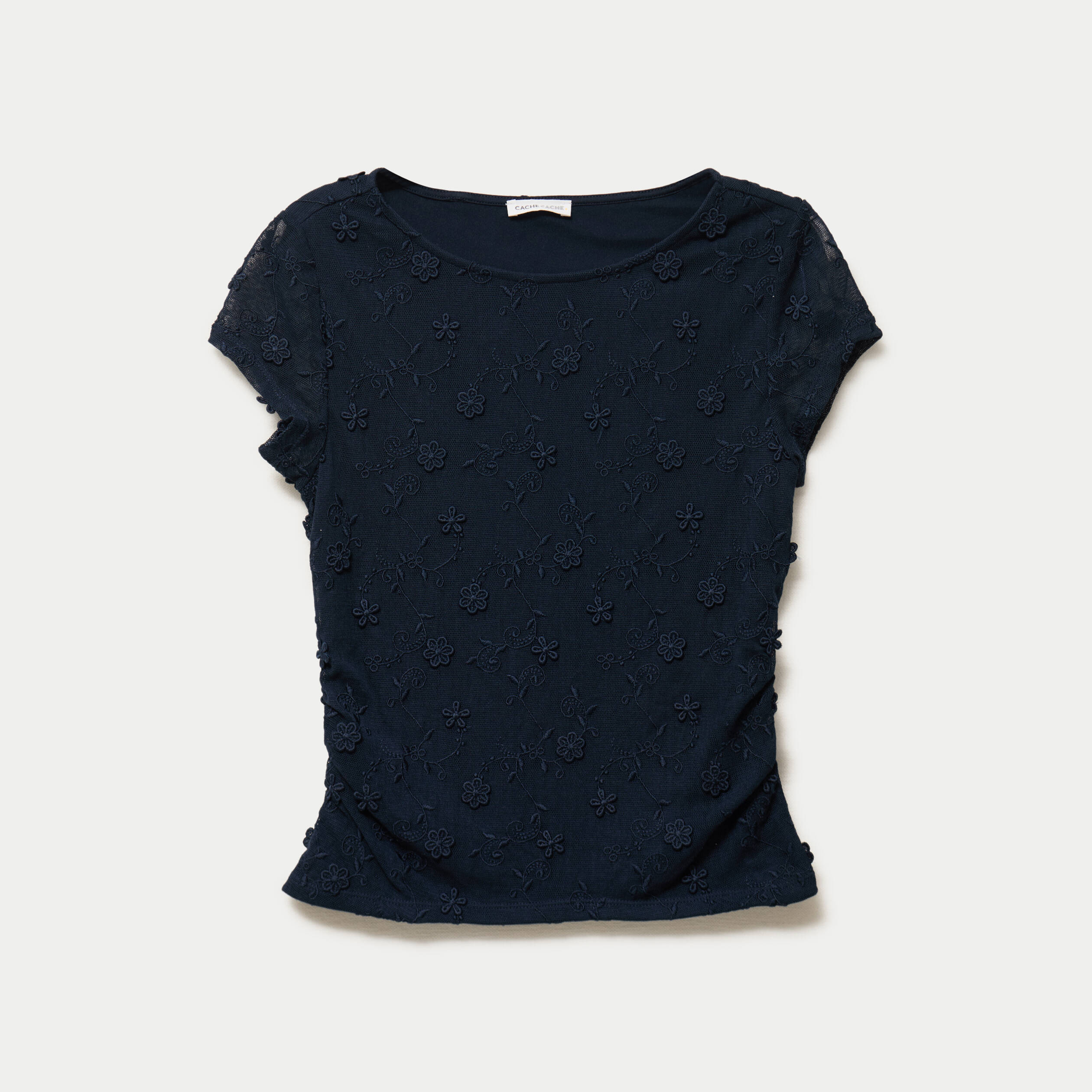 T-shirt ajust&eacute; col rond dentelle bleu marine femme