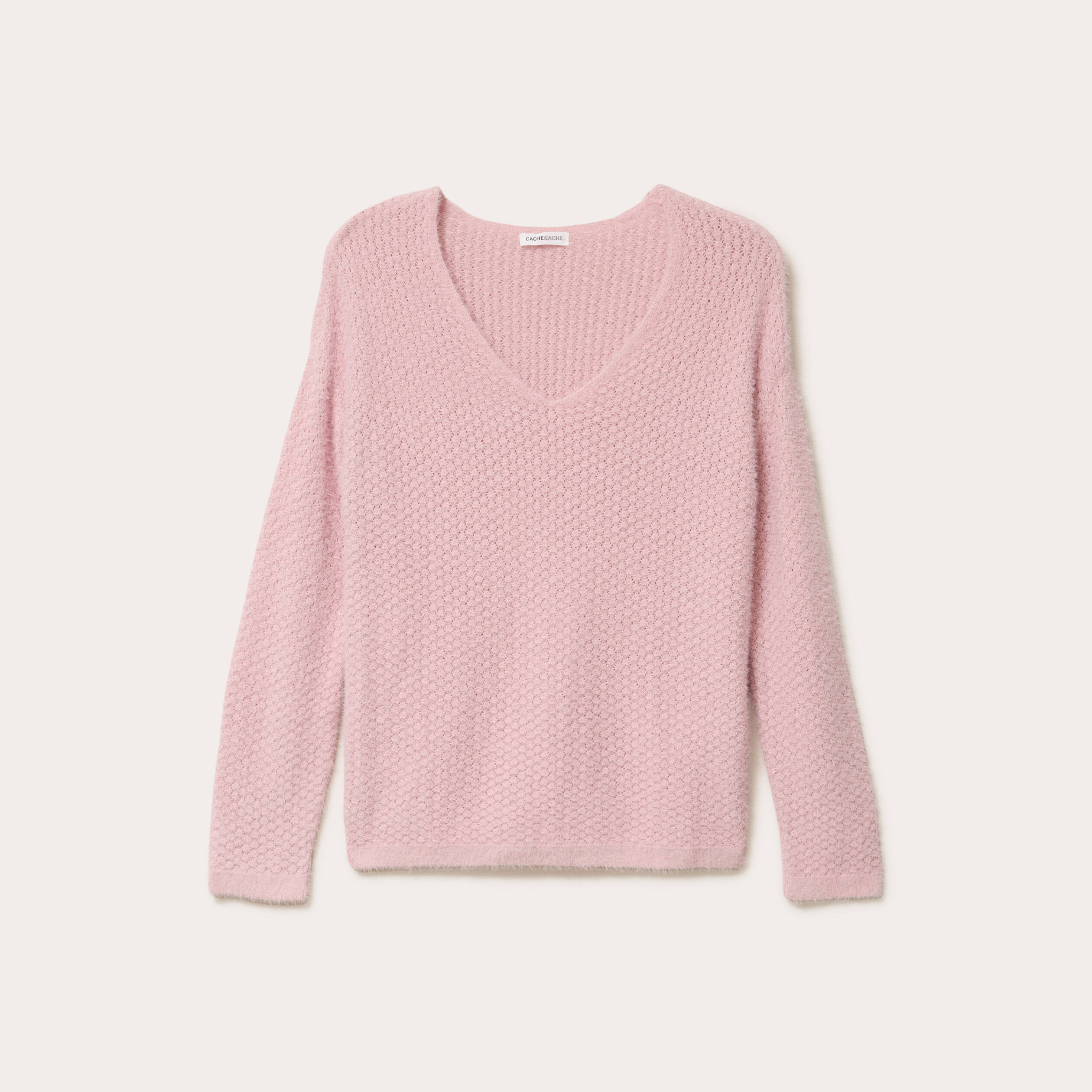 Pull col v manches longues rose pastel femme