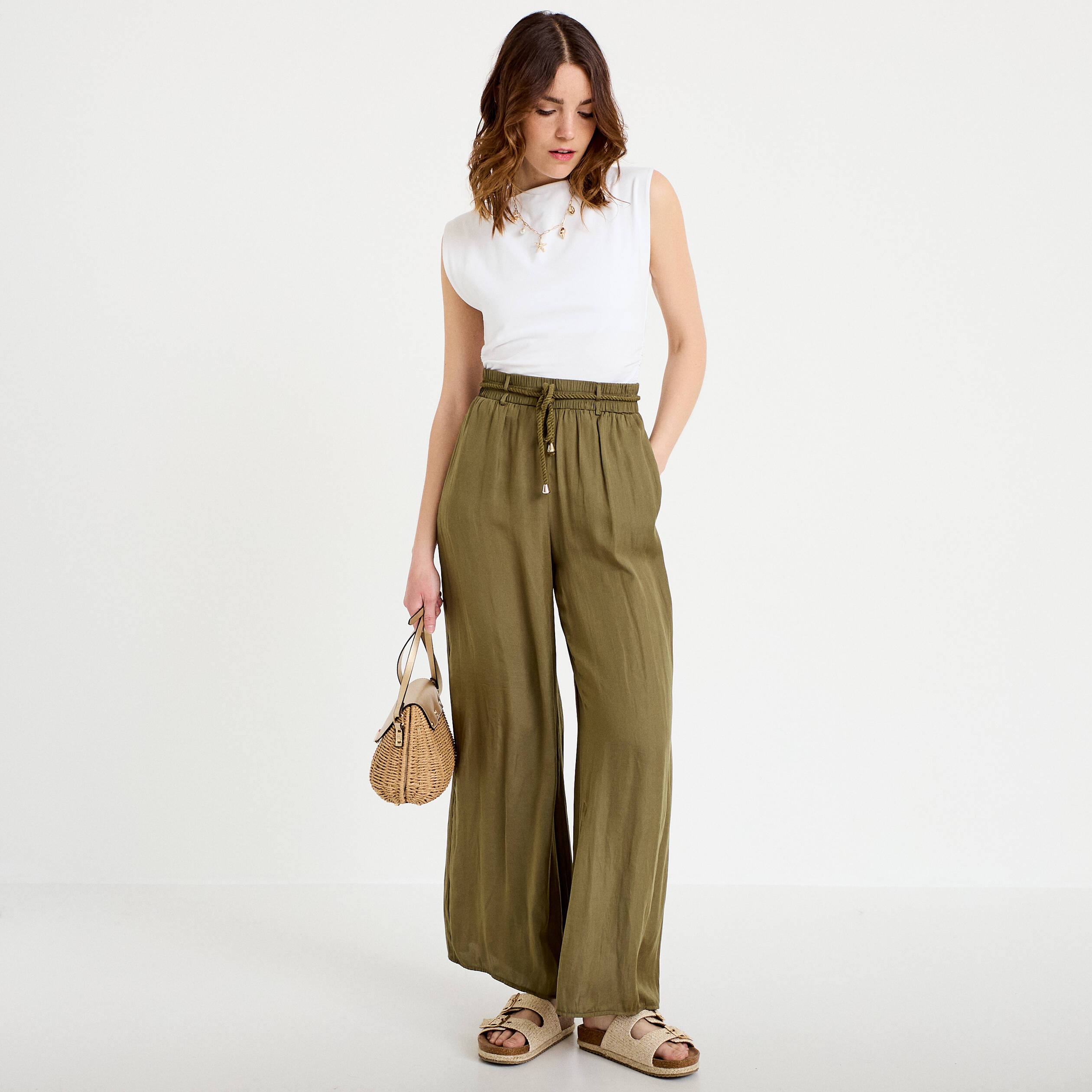 Pantalon large taille standard vert kaki femme