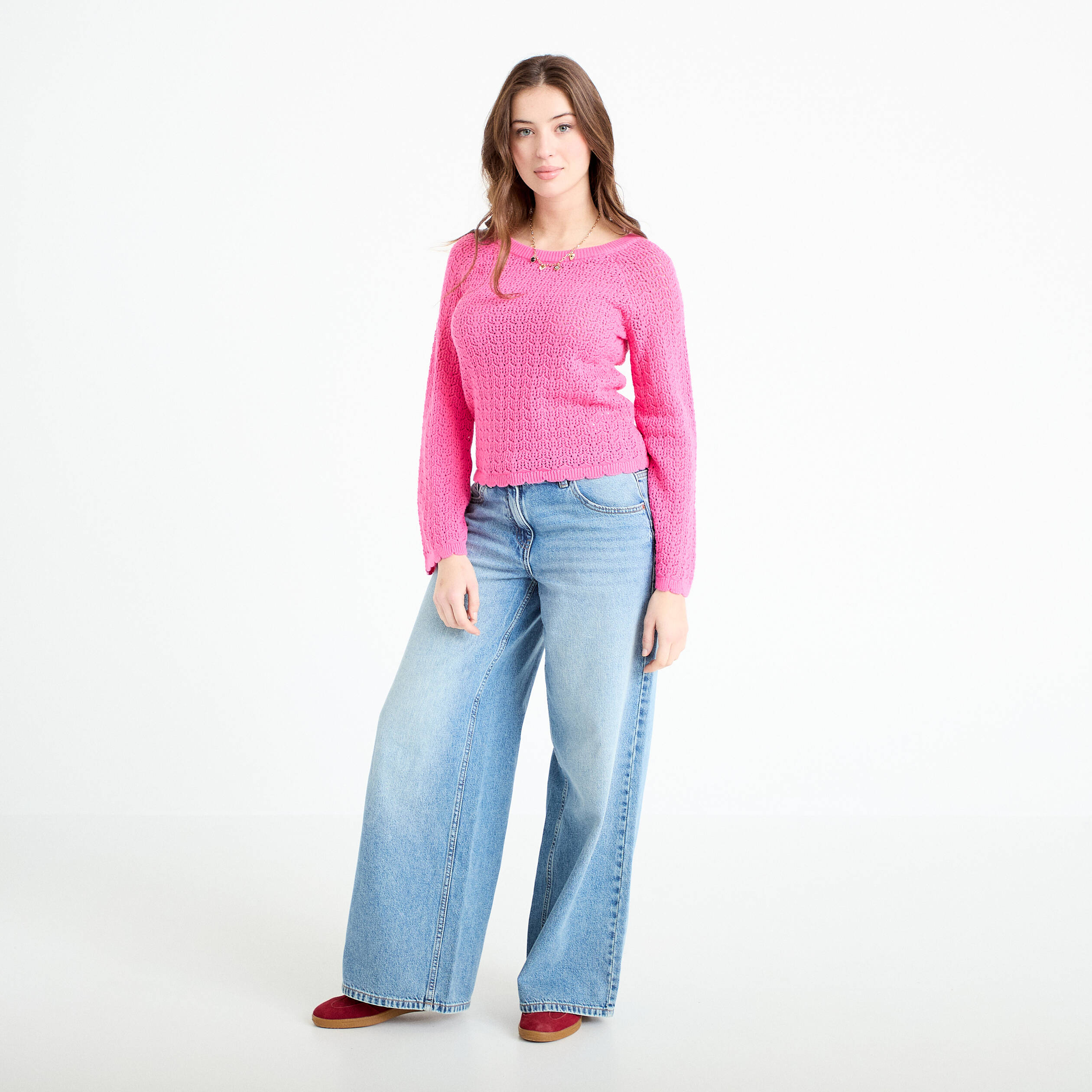 Pull ajour&eacute; rose fushia femme