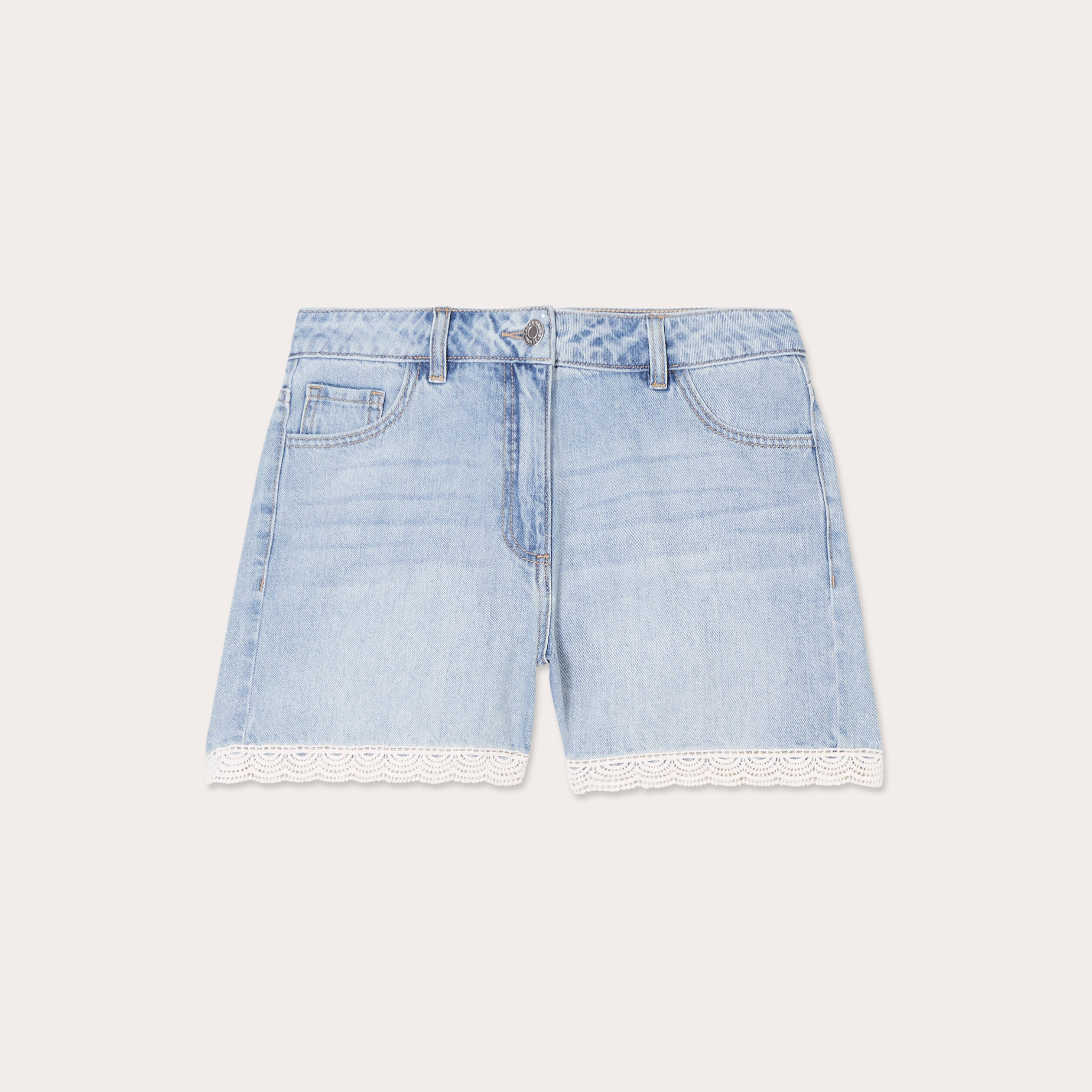 Short en jean d&eacute;tails dentelle denim bleach femme