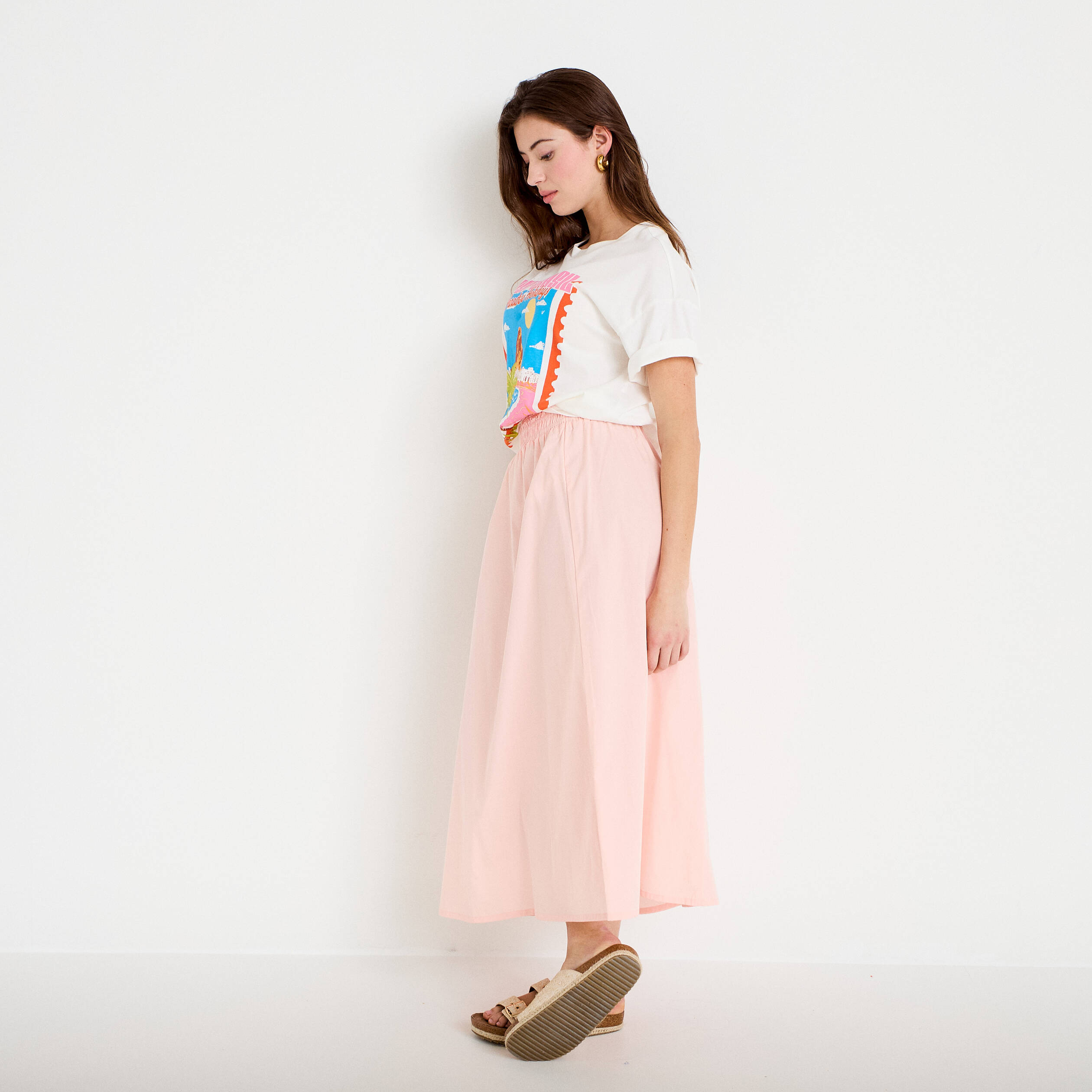 Jupe longue &eacute;vas&eacute;e taille haute rose femme