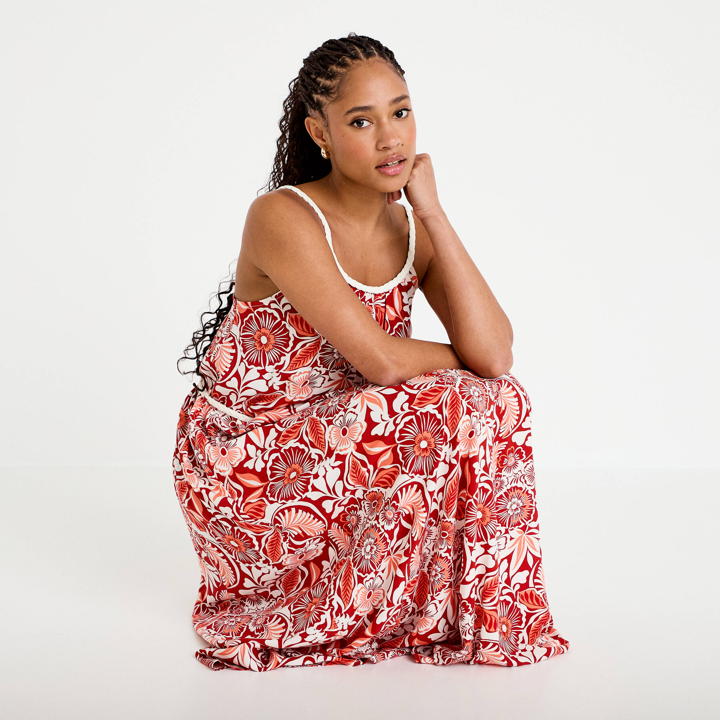 Robe longue &eacute;vas&eacute;e bretelles fines rouge femme