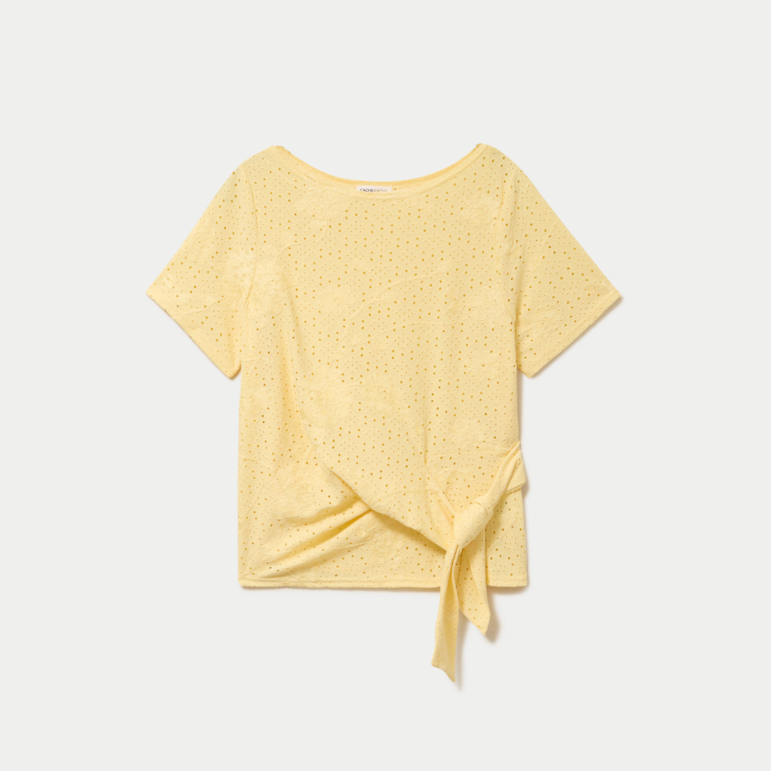 Blouse col v manches courtes jaune clair femme